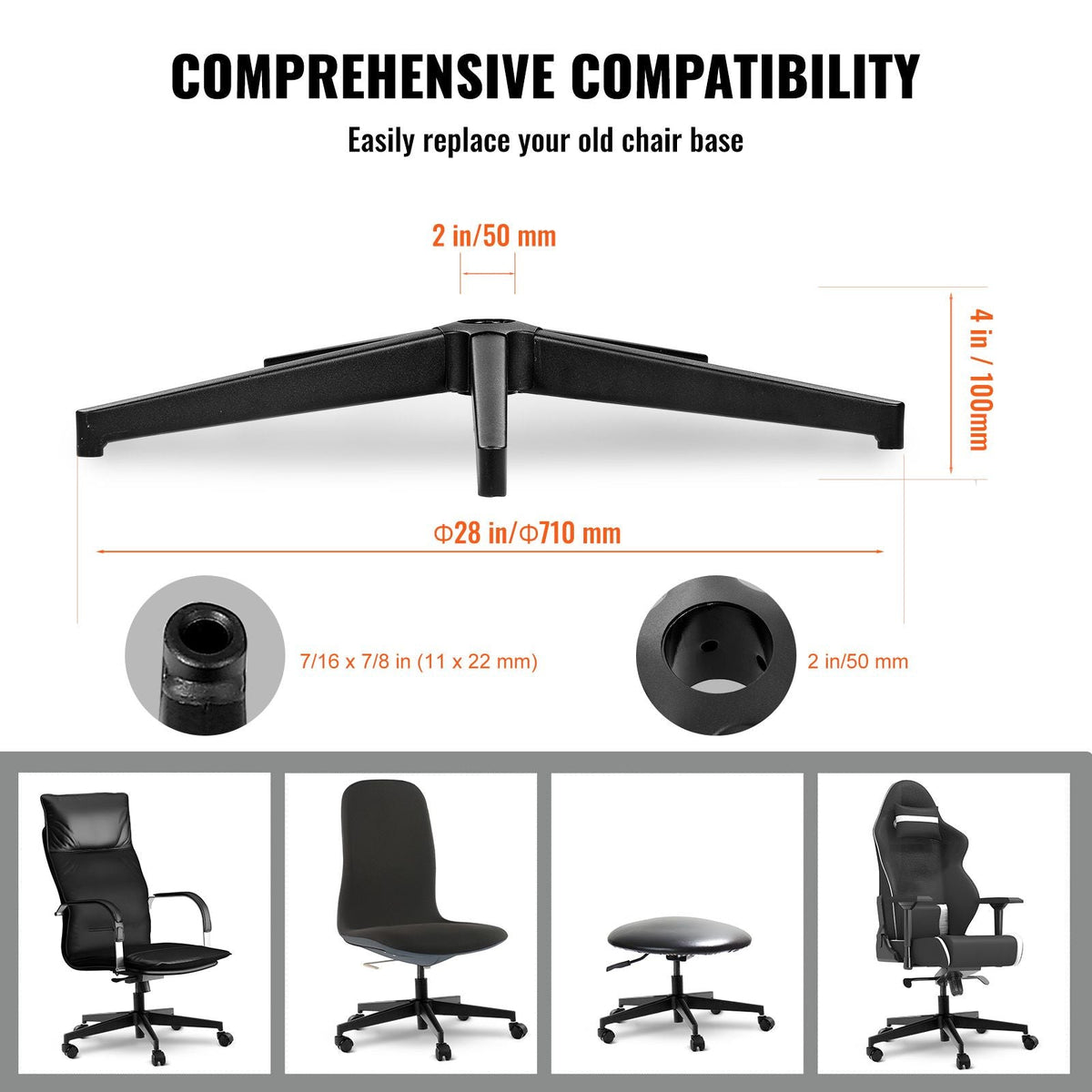 Office Chair Base Replacement, 28", 2500 lbs Static Load Capacity, Heavy Duty Universal Computer Desk Chair Stool Base Part with Reinforced Metal Legs, Desk Chair Base Replacement Parts, Black