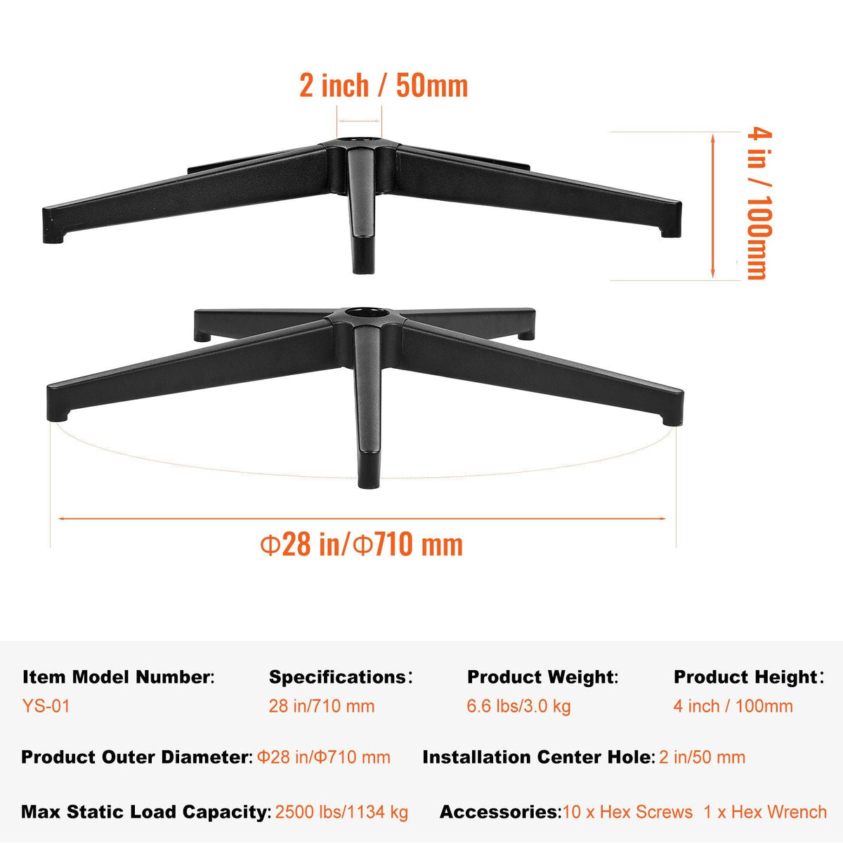 Office Chair Base Replacement, 28", 2500 lbs Static Load Capacity, Heavy Duty Universal Computer Desk Chair Stool Base Part with Reinforced Metal Legs, Desk Chair Base Replacement Parts, Black