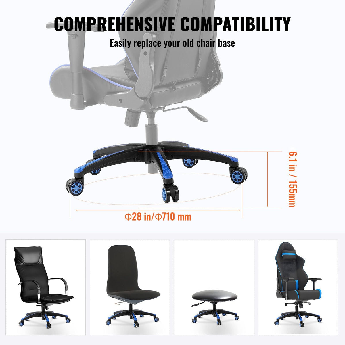 Office Chair Base Replacement, 28", 2500 lbs Static Load, Heavy Duty Universal Computer Desk Chair Stool Base Part with 5 Casters and Reinforced Legs, Desk Chair Base Replacement, Black + Blue