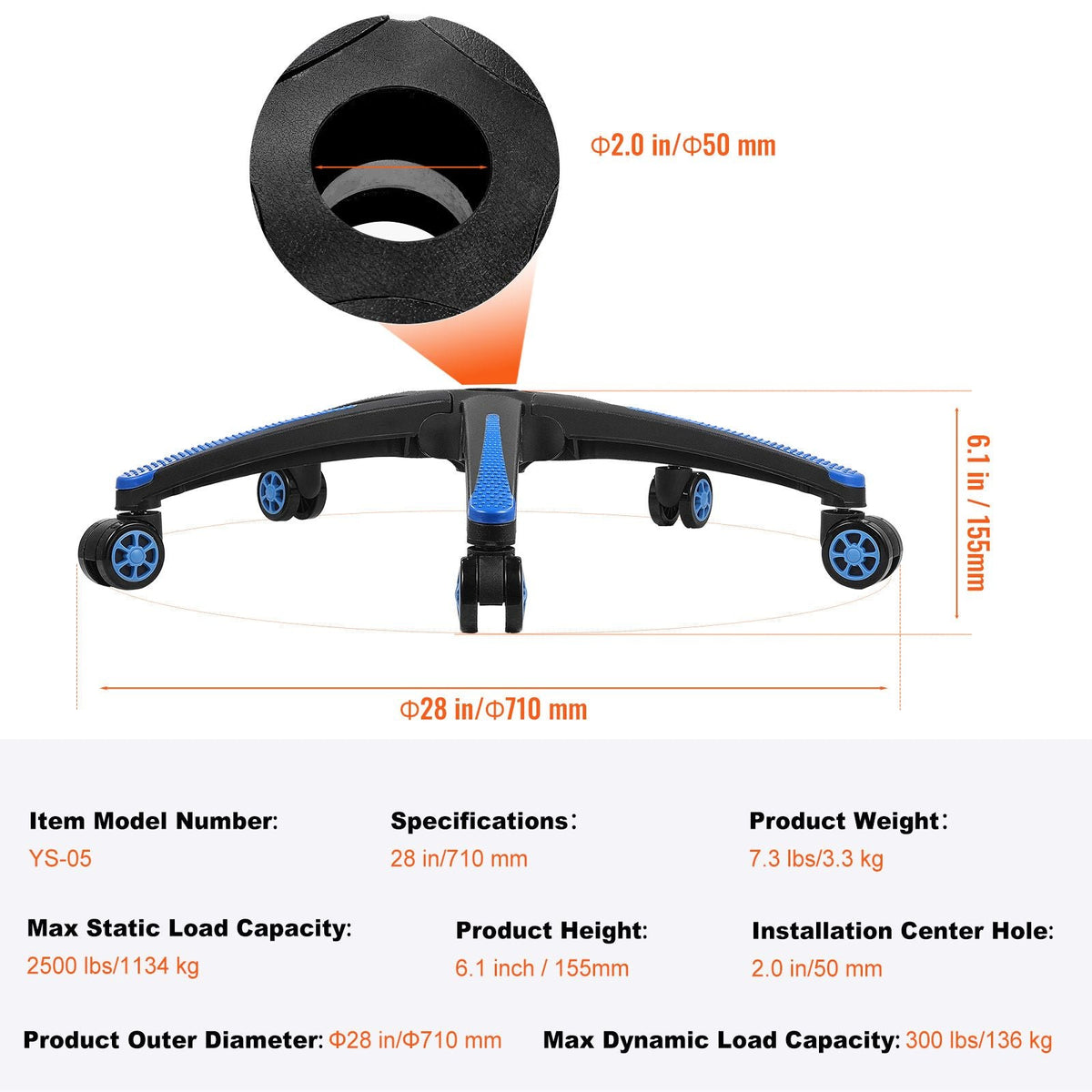 Office Chair Base Replacement, 28", 2500 lbs Static Load, Heavy Duty Universal Computer Desk Chair Stool Base Part with 5 Casters and Reinforced Legs, Desk Chair Base Replacement, Black + Blue