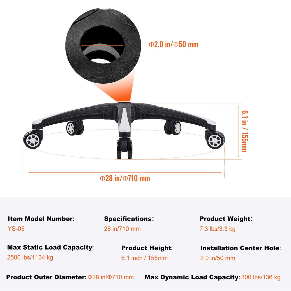 Office Chair Base Replacement, 28", 2500 lbs Static Load, Heavy Duty Universal Computer Desk Chair Stool Base Part with 5 Casters and Reinforced Legs, Desk Chair Base Replacement, Black + White