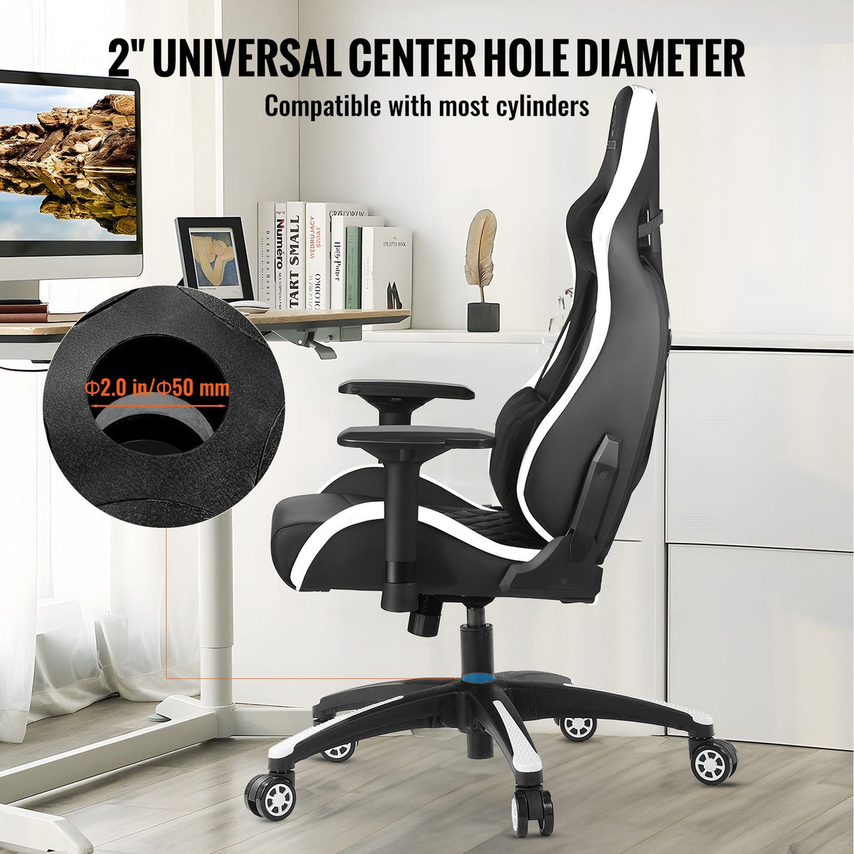 Office Chair Base Replacement, 28", 2500 lbs Static Load, Heavy Duty Universal Computer Desk Chair Stool Base Part with 5 Casters and Reinforced Legs, Desk Chair Base Replacement, Black + White