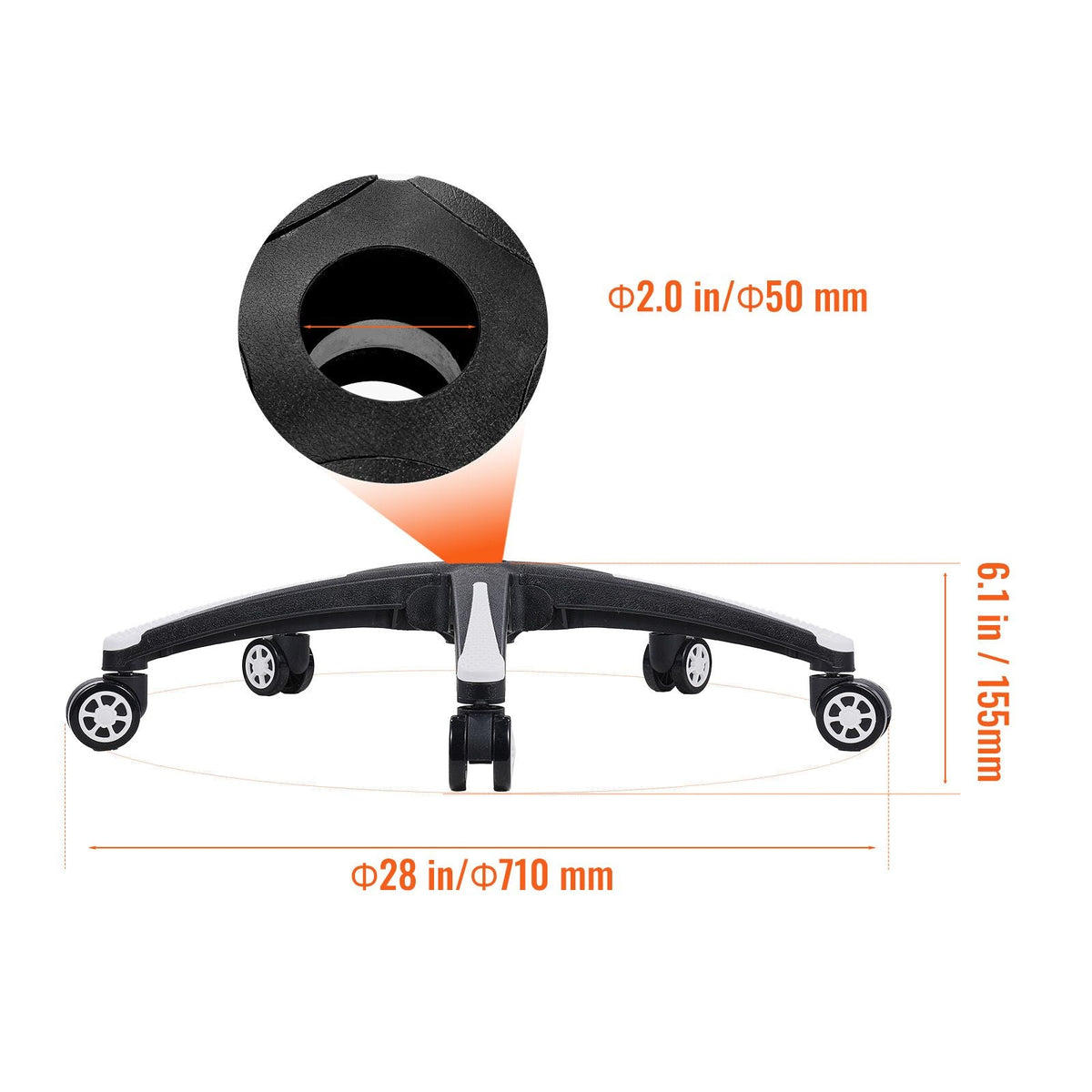 Office Chair Base Replacement, 28", 2500 lbs Static Load, Heavy Duty Universal Computer Desk Chair Stool Base Part with 5 Casters and Reinforced Legs, Desk Chair Base Replacement, Black + White