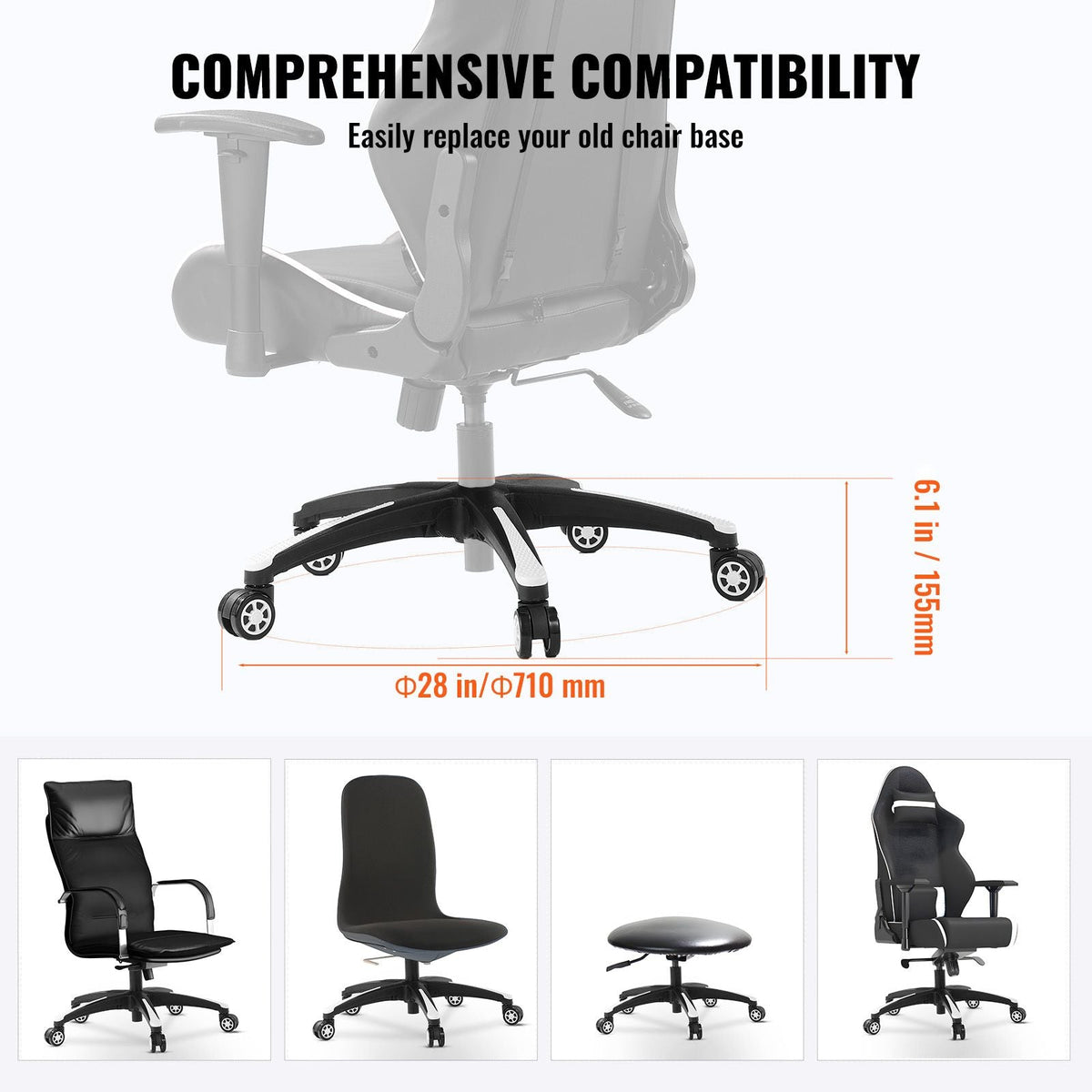 Office Chair Base Replacement, 28", 2500 lbs Static Load, Heavy Duty Universal Computer Desk Chair Stool Base Part with 5 Casters and Reinforced Legs, Desk Chair Base Replacement, Black + White