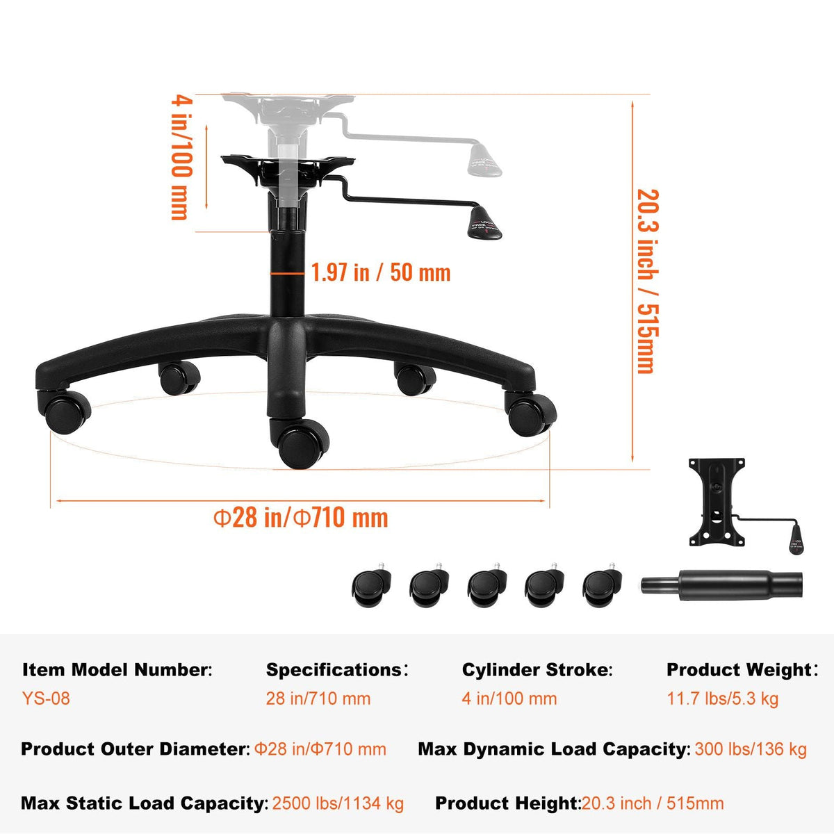 Office Chair Base Replacement, 28", 2500 lbs Static Load, Heavy Duty Universal Computer Desk Chair Stool Base Part with 5 Casters, Gas Cylinder & Seat Plate, Desk Chair Base Replacement, Black