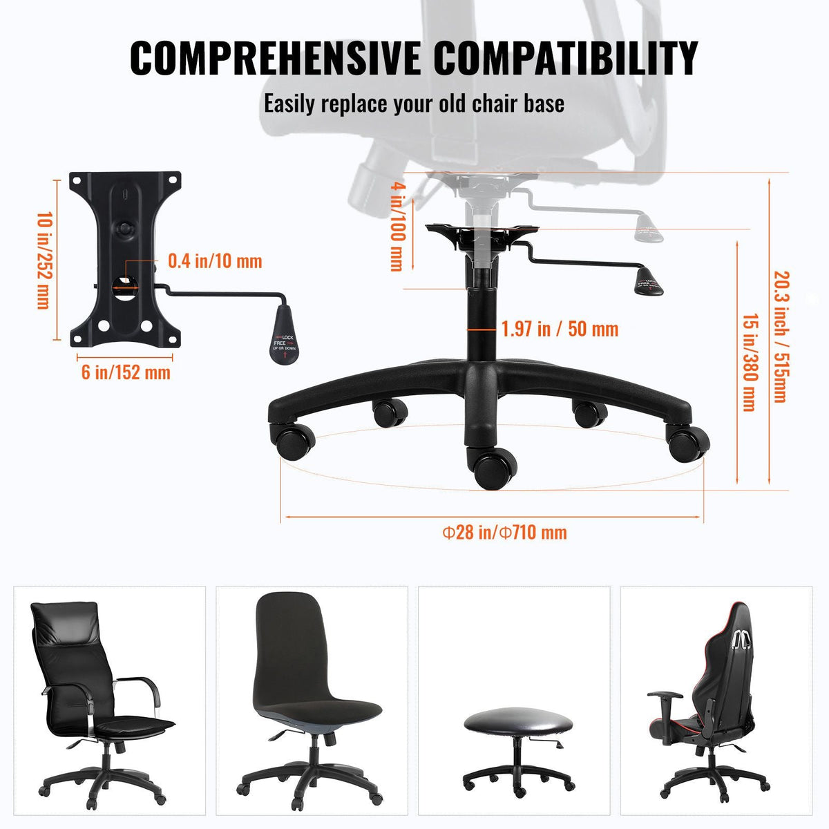 Office Chair Base Replacement, 28", 2500 lbs Static Load, Heavy Duty Universal Computer Desk Chair Stool Base Part with 5 Casters, Gas Cylinder & Seat Plate, Desk Chair Base Replacement, Black