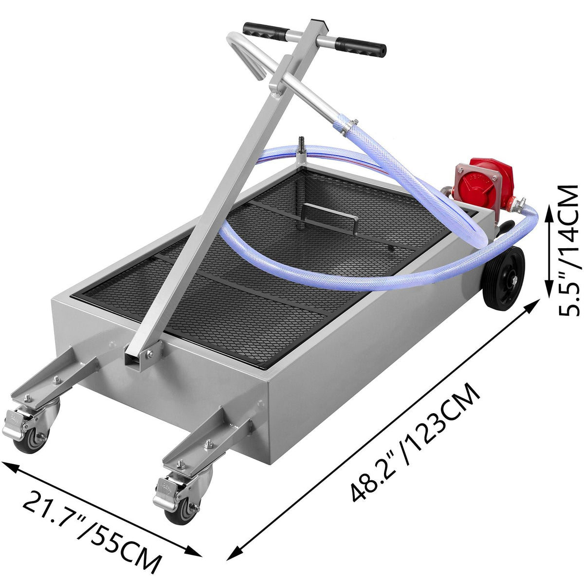 Oil Drain Pan 15 Gallon Oil Drain Tank, 57L Low Profile Oil Drain Pan, Large Capacity Oil Change Pan, Foldable Hand, with Pump, Hose, Swivel Casters Wheels for Car, SUV, Trucks Oil Draining
