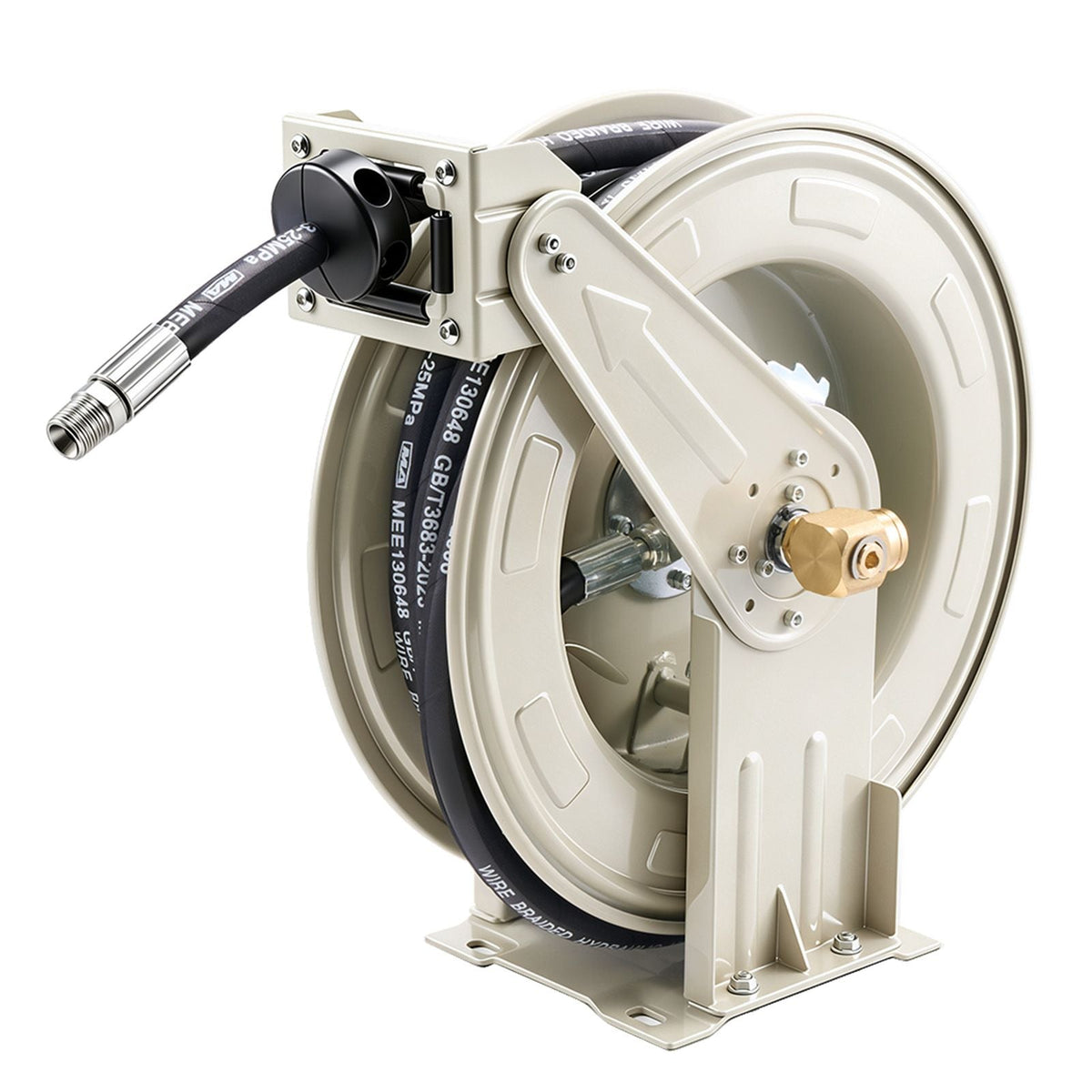 Oil Hose Reel, 1/2 inch x 33 ft Retractable, Spring Driven Auto Swivel Rewind, Max 3625 PSI, Heavy-Duty Carbon Steel Construction with Steel Wire Braided Hose, for Engine / Gear / Hydraulic Oil