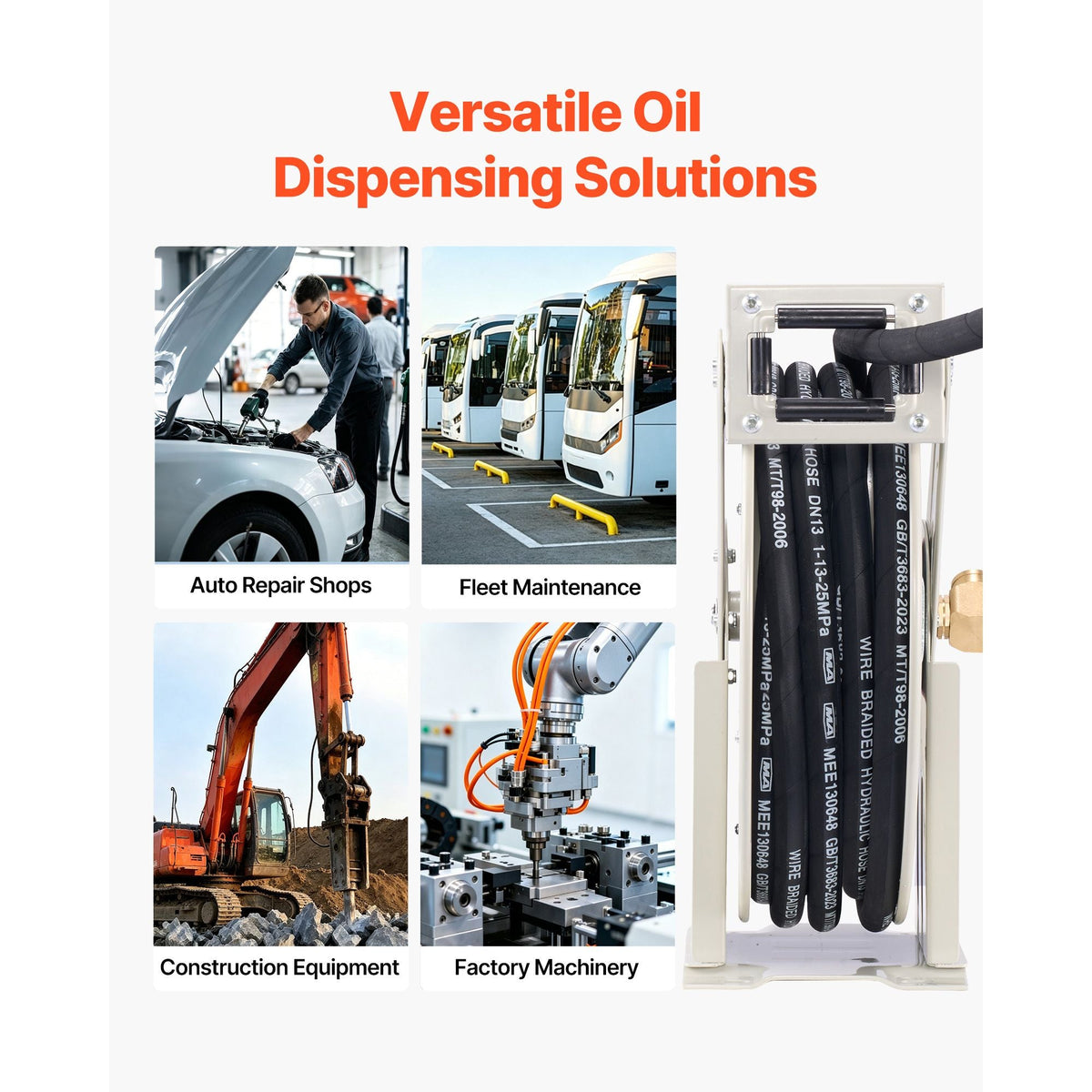 Oil Hose Reel, 1/2 inch x 50 ft Retractable, Spring Driven Auto Swivel Rewind, Max 3625 PSI, Heavy-Duty Carbon Steel Construction with Steel Wire Braided Hose, for Engine / Gear / Hydraulic Oil