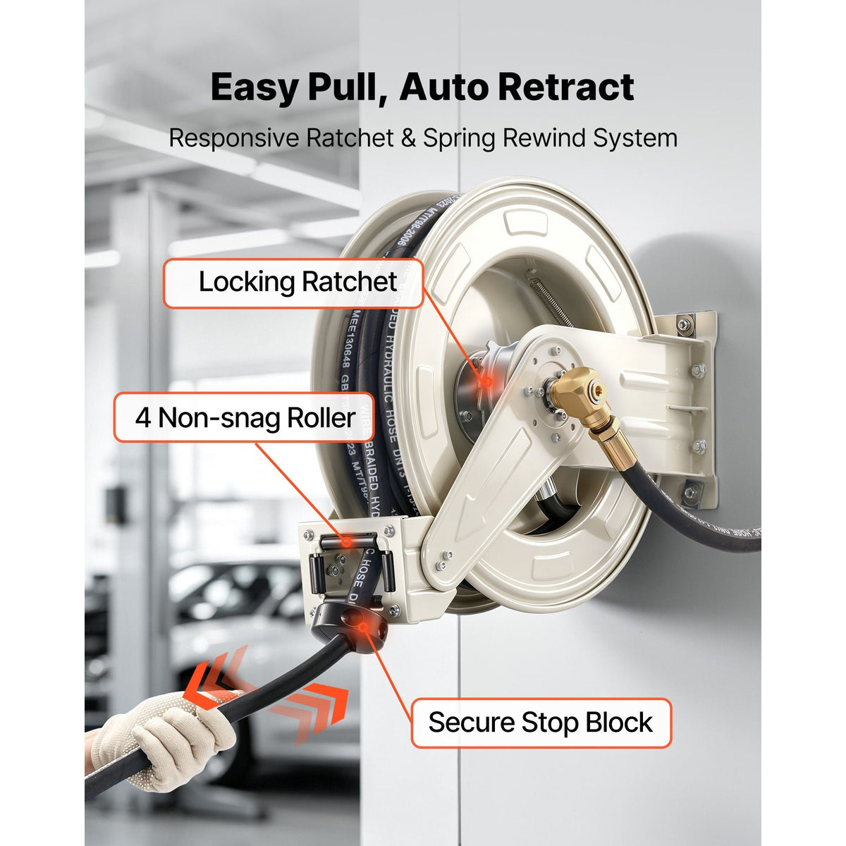 Oil Hose Reel, 1/2 inch x 50 ft Retractable, Spring Driven Auto Swivel Rewind, Max 3625 PSI, Heavy-Duty Carbon Steel Construction with Steel Wire Braided Hose, for Engine / Gear / Hydraulic Oil