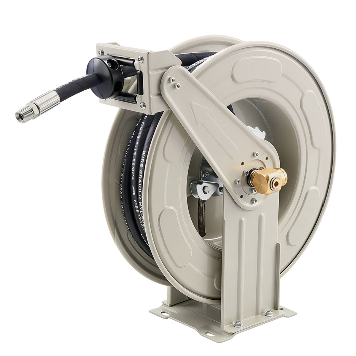 Oil Hose Reel, 1/2 inch x 50 ft Retractable, Spring Driven Auto Swivel Rewind, Max 3625 PSI, Heavy-Duty Carbon Steel Construction with Steel Wire Braided Hose, for Engine / Gear / Hydraulic Oil