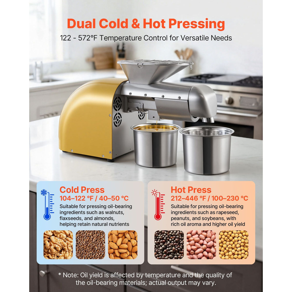 Oil Press Machine, 11 LBS/H Capacity, 1250W Oil Extractor Machine, Automatic Electric Oil Maker for Home Commercial Use, 122 F - 572 F Hot & Cold Pressing for Peanuts Sesames Soybeans Almonds