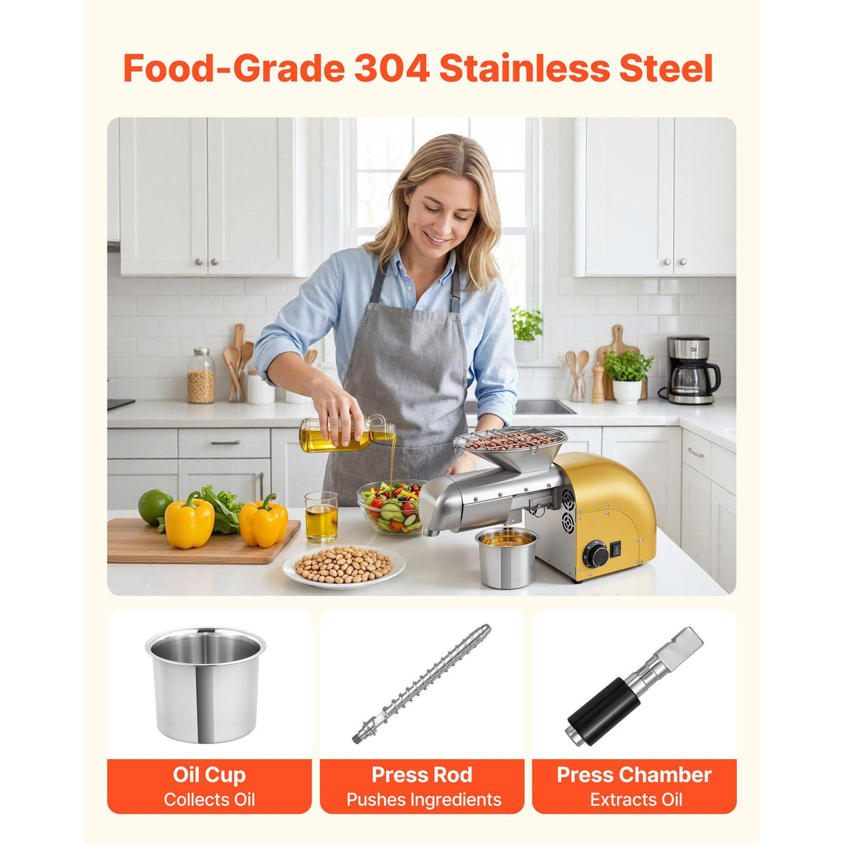 Oil Press Machine, 11 LBS/H Capacity, 1250W Oil Extractor Machine, Automatic Electric Oil Maker for Home Commercial Use, 122 F - 572 F Hot & Cold Pressing for Peanuts Sesames Soybeans Almonds