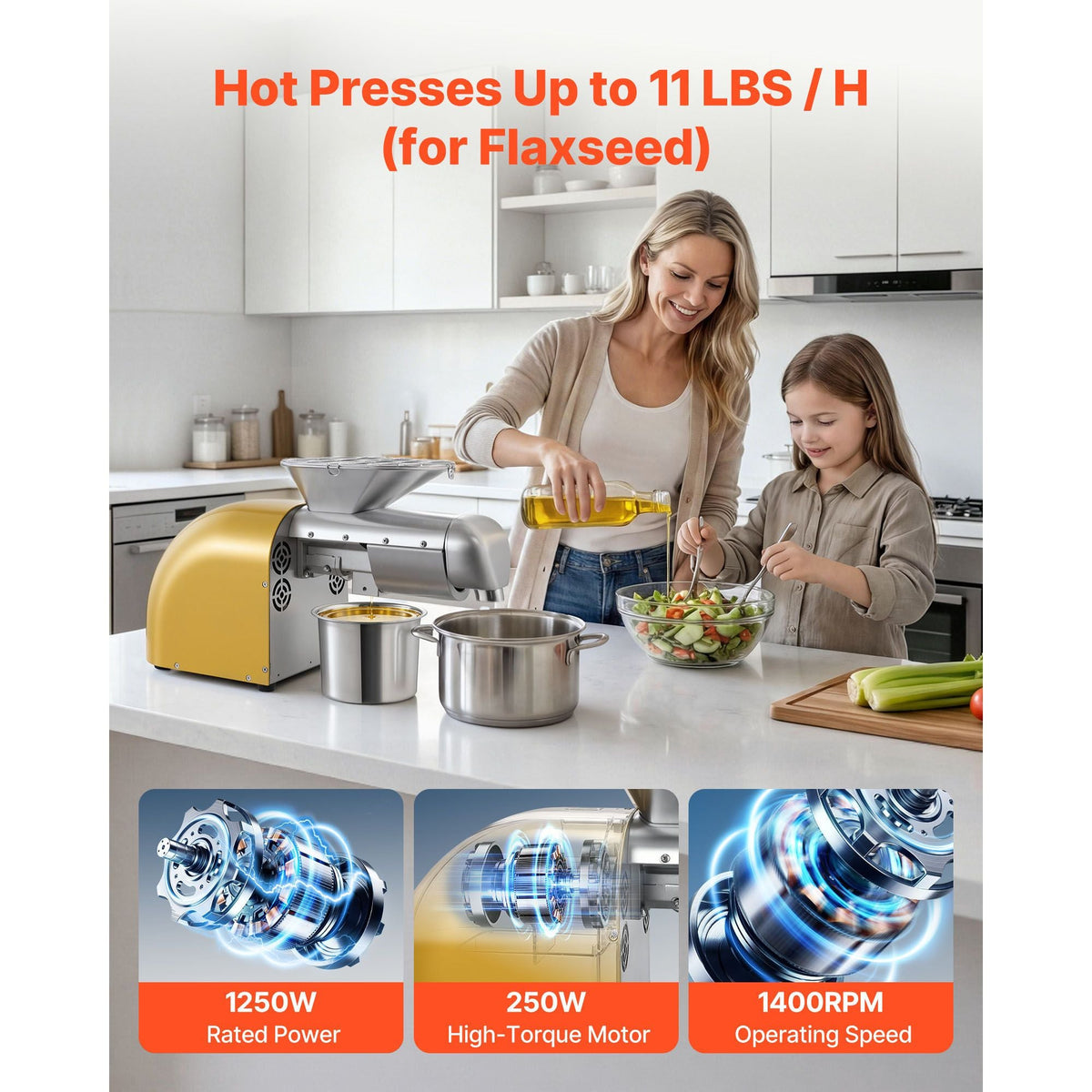 Oil Press Machine, 11 LBS/H Capacity, 1250W Oil Extractor Machine, Automatic Electric Oil Maker for Home Commercial Use, 122 F - 572 F Hot & Cold Pressing for Peanuts Sesames Soybeans Almonds