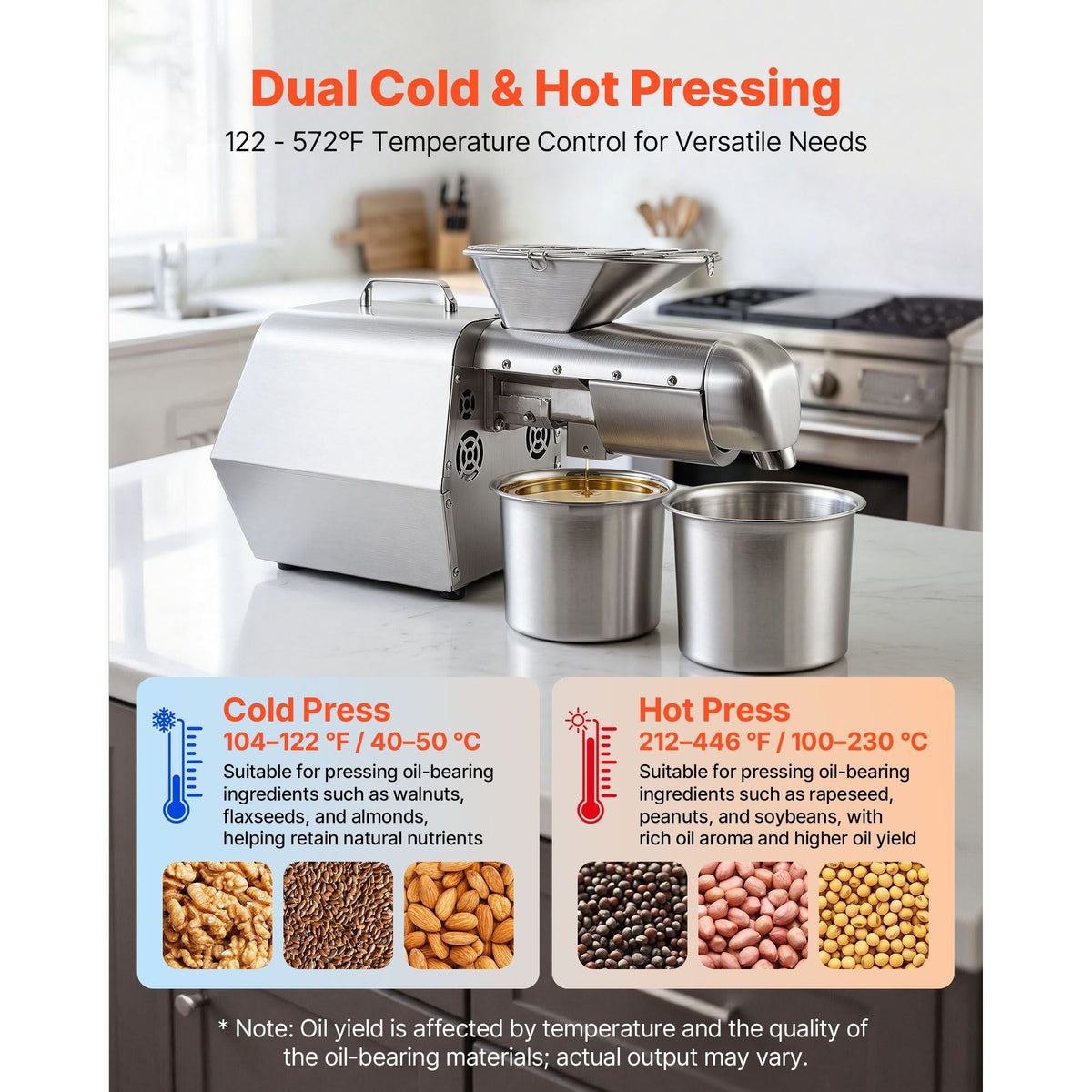 Oil Press Machine, 11 LBS/H Capacity, 1250W Oil Extractor Machine, Automatic Electric Oil Maker for Home Commercial Use, 122 F - 572 F Hot & Cold Pressing for Peanuts Sesames Soybeans Almonds