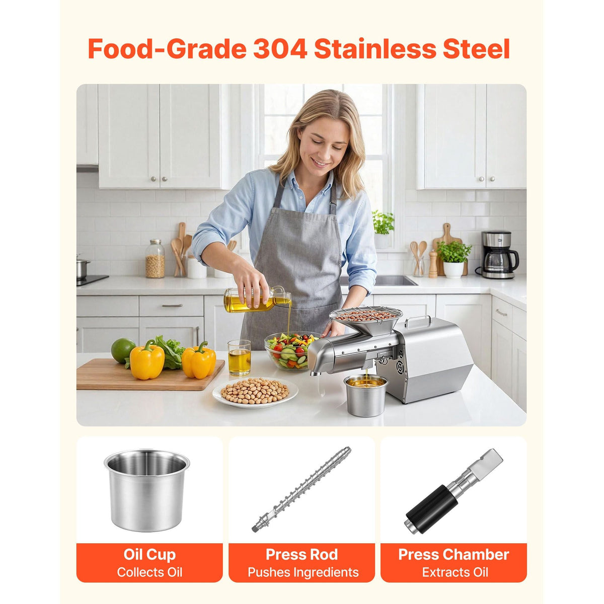 Oil Press Machine, 11 LBS/H Capacity, 1250W Oil Extractor Machine, Automatic Electric Oil Maker for Home Commercial Use, 122 F - 572 F Hot & Cold Pressing for Peanuts Sesames Soybeans Almonds