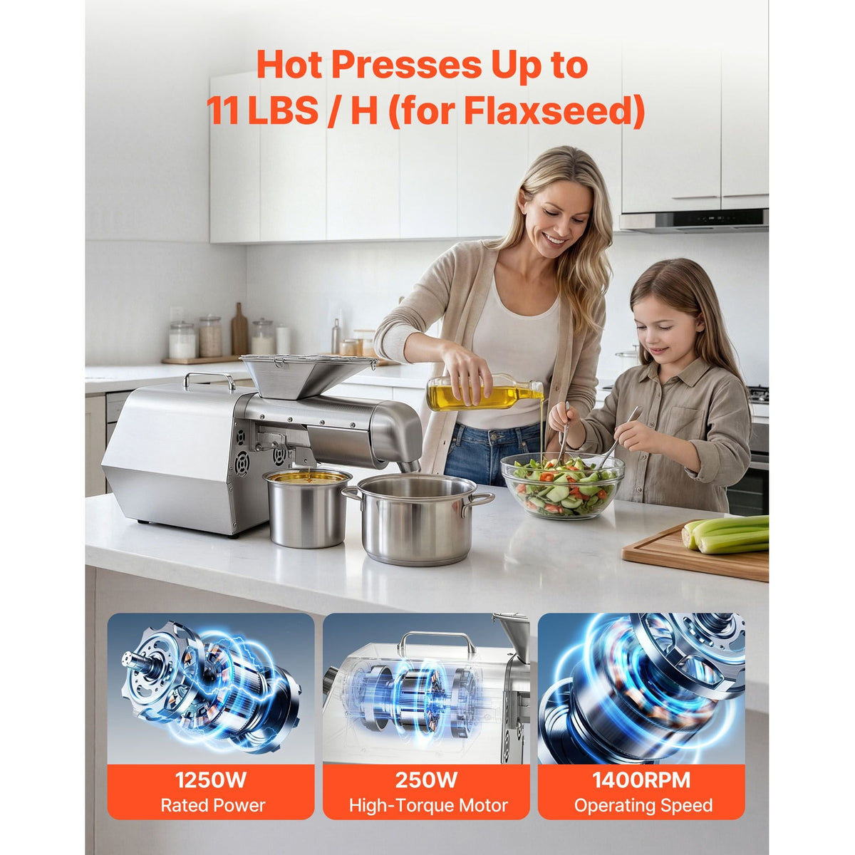 Oil Press Machine, 11 LBS/H Capacity, 1250W Oil Extractor Machine, Automatic Electric Oil Maker for Home Commercial Use, 122 F - 572 F Hot & Cold Pressing for Peanuts Sesames Soybeans Almonds