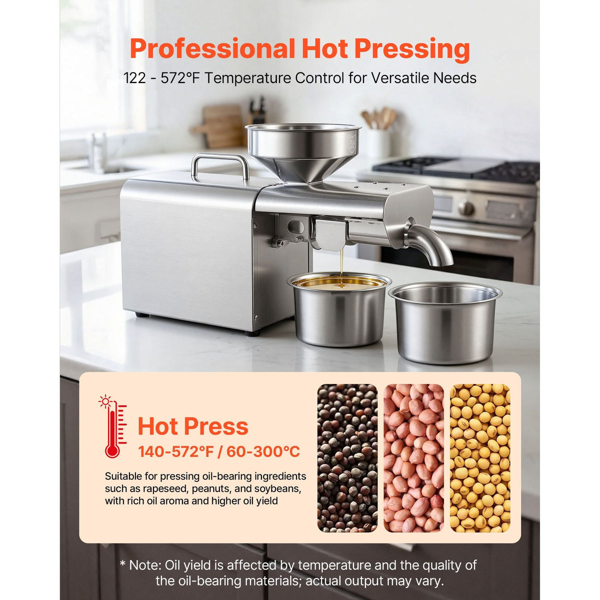 Oil Press Machine, 8.27 LBS/H Capacity, 750W Oil Extractor Machine, Automatic Electric Oil Maker for Home Commercial Use, 122 F - 572 F Hot Pressing for Peanuts Sesames Soybeans Almonds