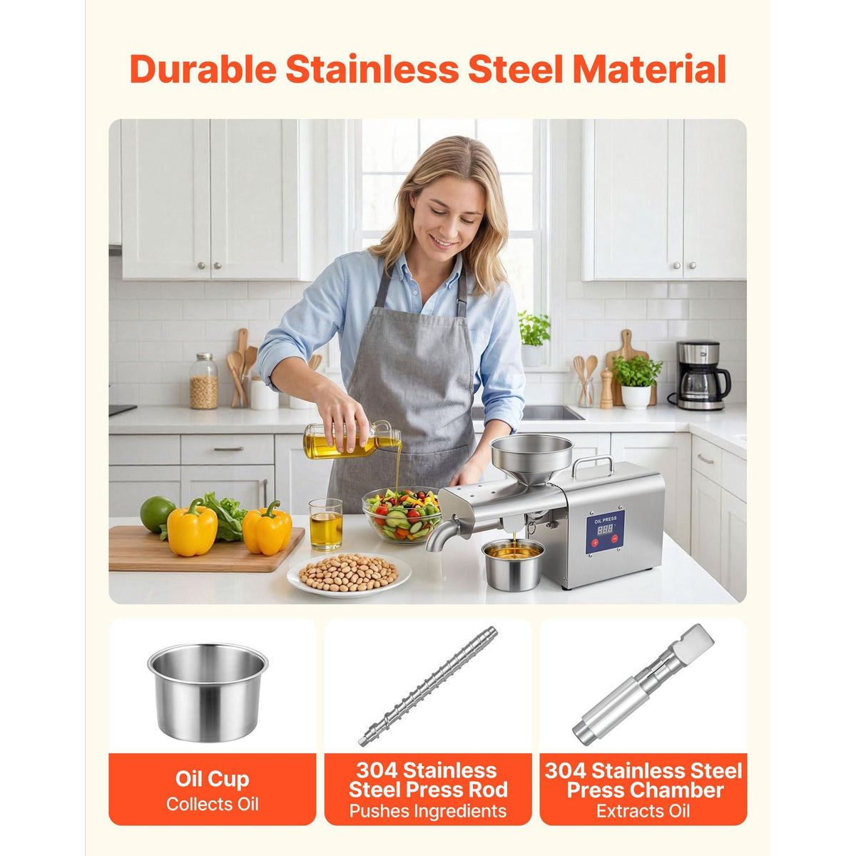 Oil Press Machine, 8.27 LBS/H Capacity, 750W Oil Extractor Machine, Automatic Electric Oil Maker for Home Commercial Use, 122 F - 572 F Hot Pressing for Peanuts Sesames Soybeans Almonds