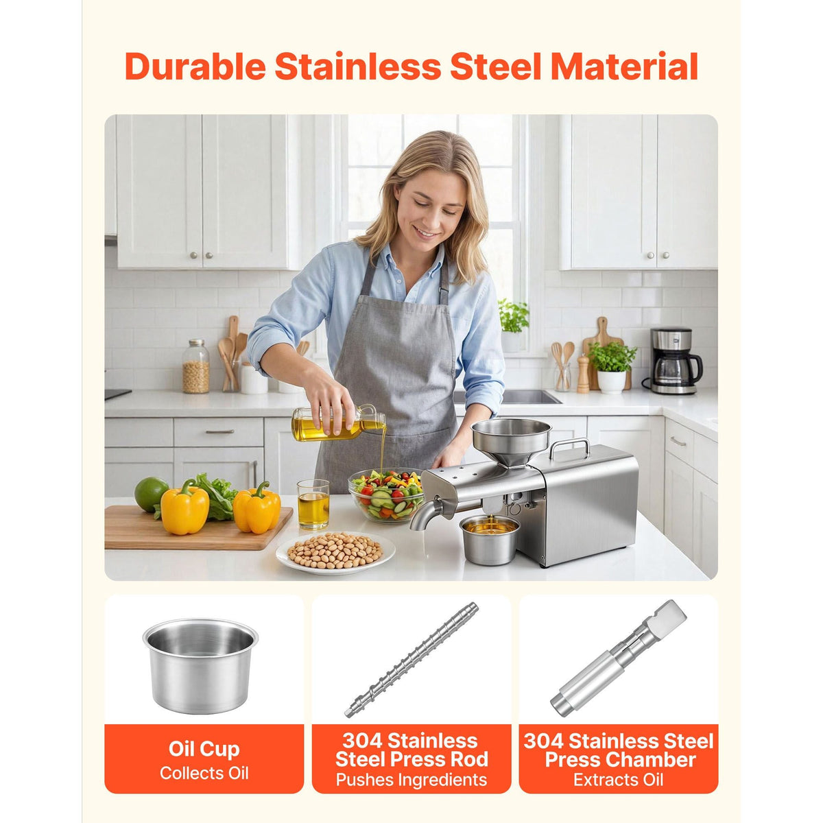Oil Press Machine, 8.27 LBS/H Capacity, 750W Oil Extractor Machine, Automatic Electric Oil Maker for Home Commercial Use, 122 F - 572 F Hot Pressing for Peanuts Sesames Soybeans Almonds