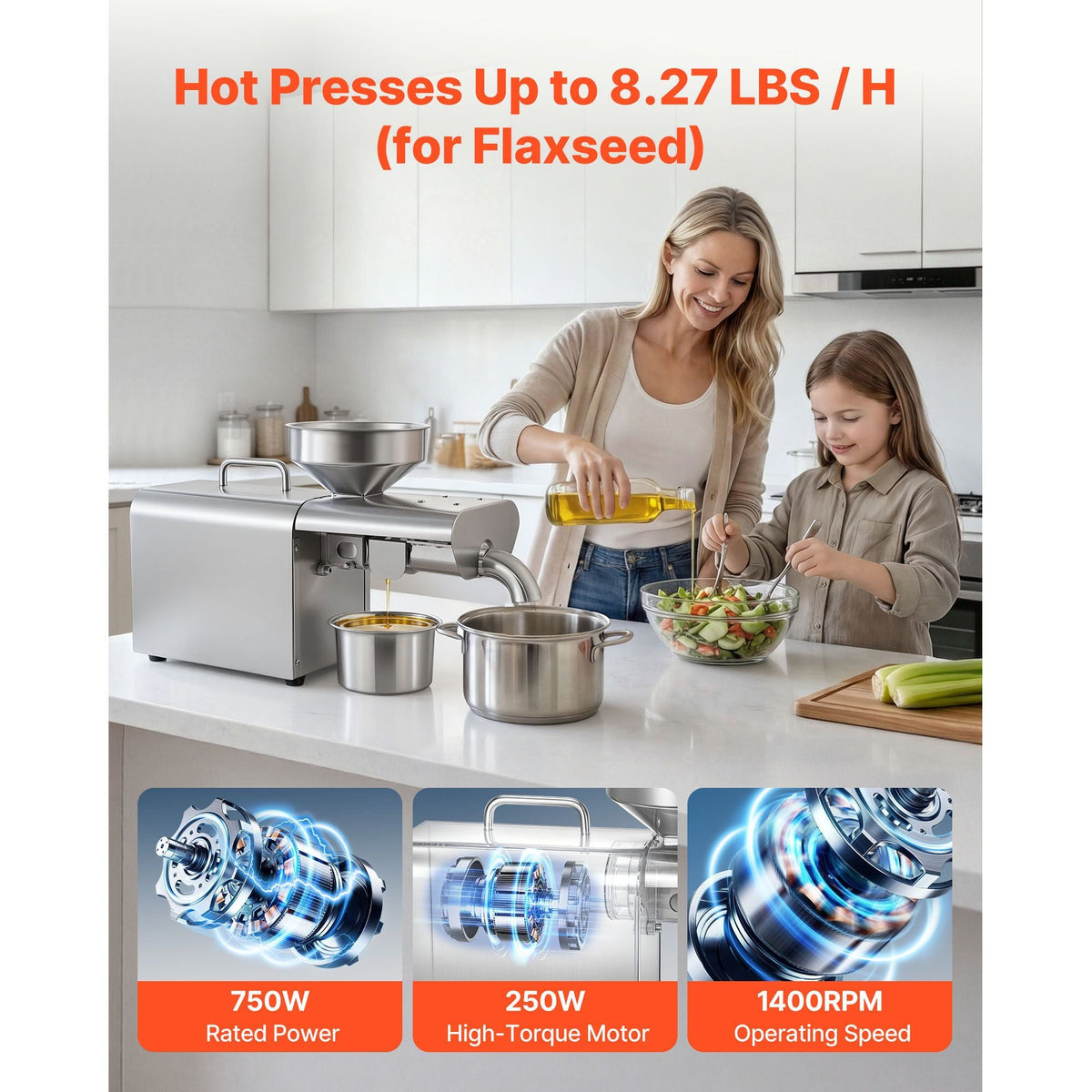 Oil Press Machine, 8.27 LBS/H Capacity, 750W Oil Extractor Machine, Automatic Electric Oil Maker for Home Commercial Use, 122 F - 572 F Hot Pressing for Peanuts Sesames Soybeans Almonds