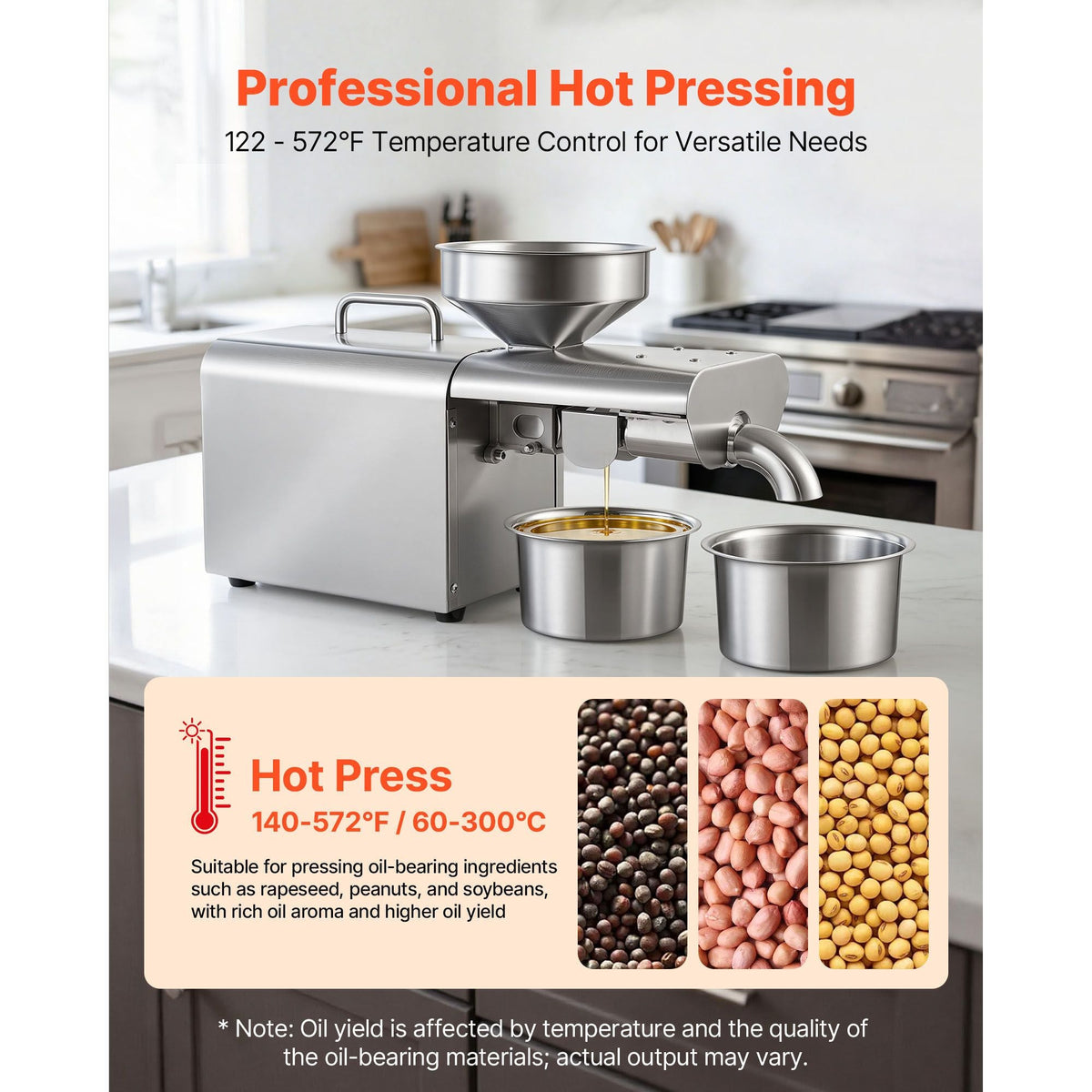 Oil Press Machine, 8.27 LBS/H Capacity, 750W Oil Extractor Machine, Automatic Electric Oil Maker for Home Commercial Use, 122 F - 572 F Hot Pressing for Peanuts Sesames Soybeans Almonds