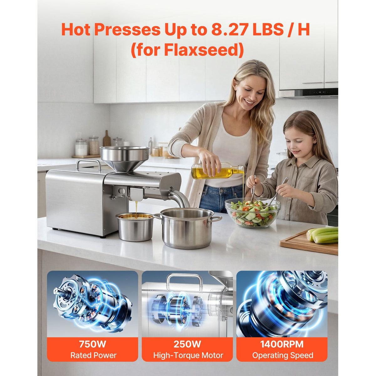Oil Press Machine, 8.27 LBS/H Capacity, 750W Oil Extractor Machine, Automatic Electric Oil Maker for Home Commercial Use, 122 F - 572 F Hot Pressing for Peanuts Sesames Soybeans Almonds