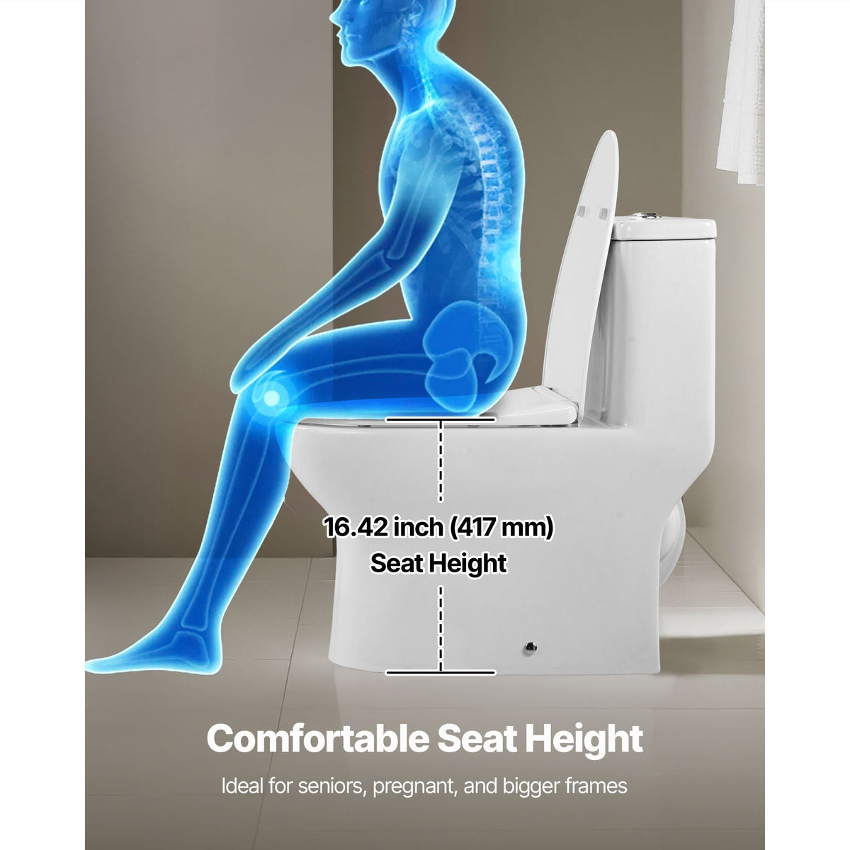 One-Piece Toilet, Elongated Toilet Vortex Dual-Flush 1.0/1.28 GPF, Toilets for Bathroom with Comfortable Chair Seat, Standard Height, 12 inch Rough-In, White + Silver, Easy-Clean Skirted Design