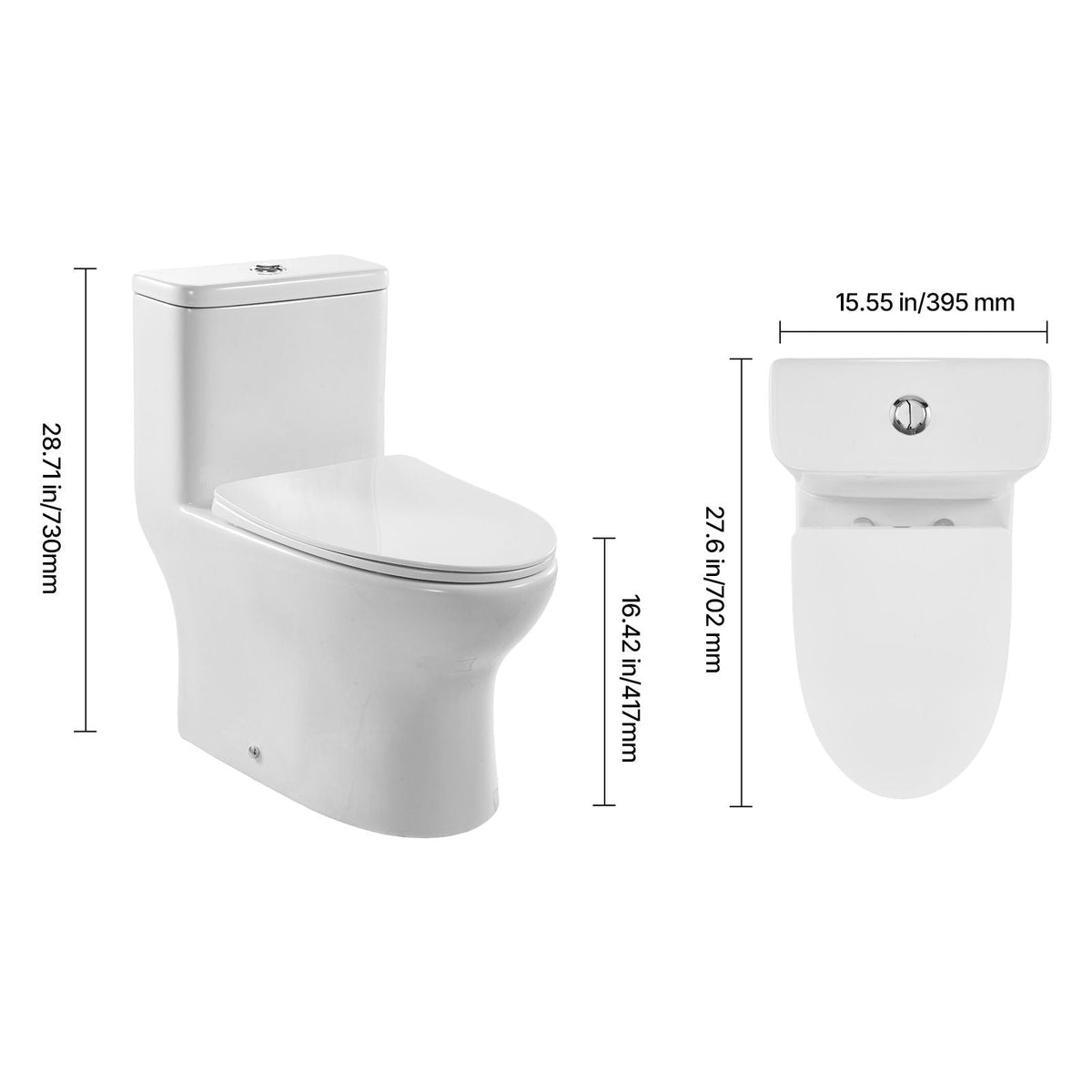One-Piece Toilet, Elongated Toilet Vortex Dual-Flush 1.0/1.28 GPF, Toilets for Bathroom with Comfortable Chair Seat, Standard Height, 12 inch Rough-In, White + Silver, Easy-Clean Skirted Design
