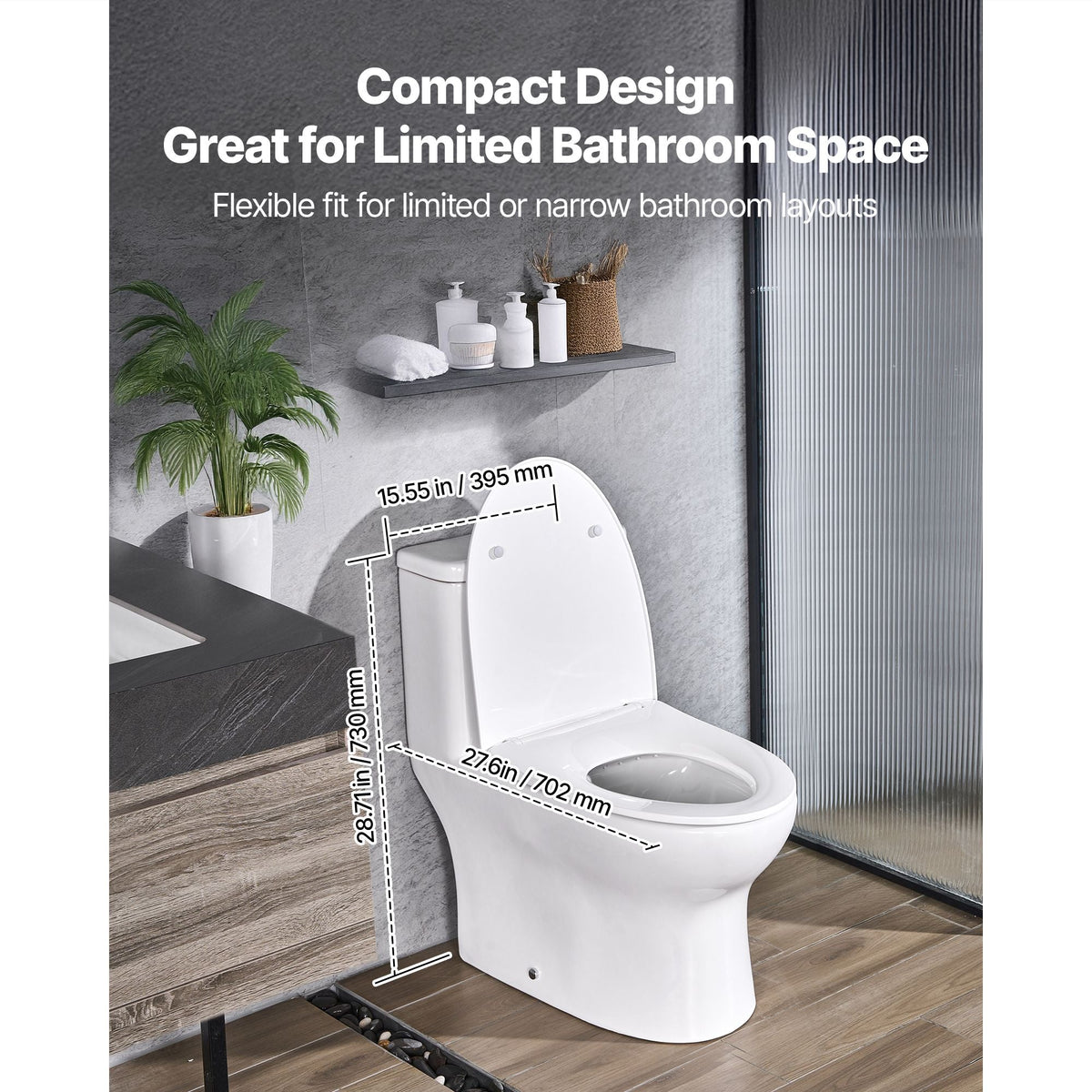 One-Piece Toilet, Elongated Toilet Vortex Dual-Flush 1.0/1.28 GPF, Toilets for Bathroom with Comfortable Chair Seat, Standard Height, 12 inch Rough-In, White + Silver, Easy-Clean Skirted Design