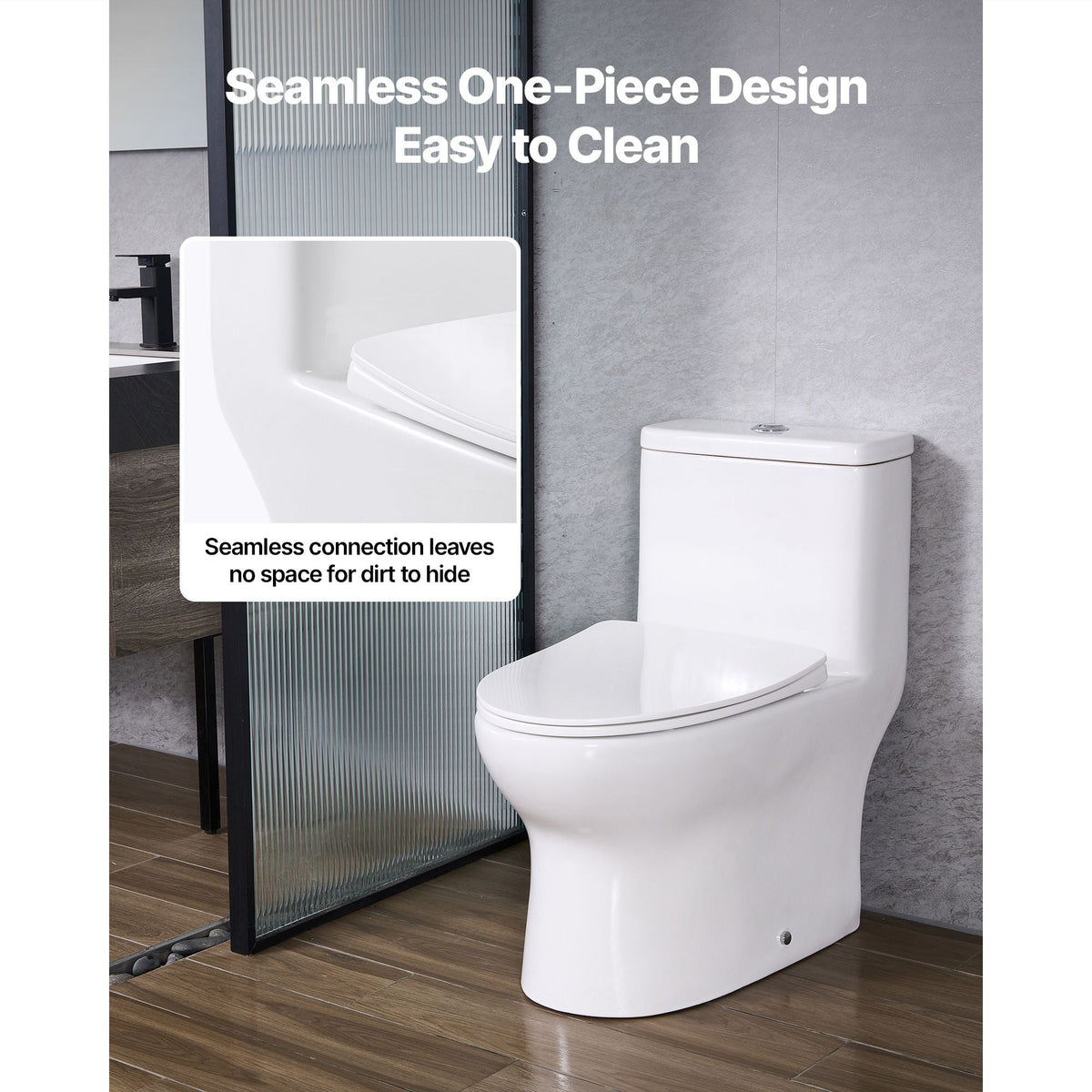 One-Piece Toilet, Elongated Toilet Vortex Dual-Flush 1.0/1.28 GPF, Toilets for Bathroom with Comfortable Chair Seat, Standard Height, 12 inch Rough-In, White + Silver, Easy-Clean Skirted Design