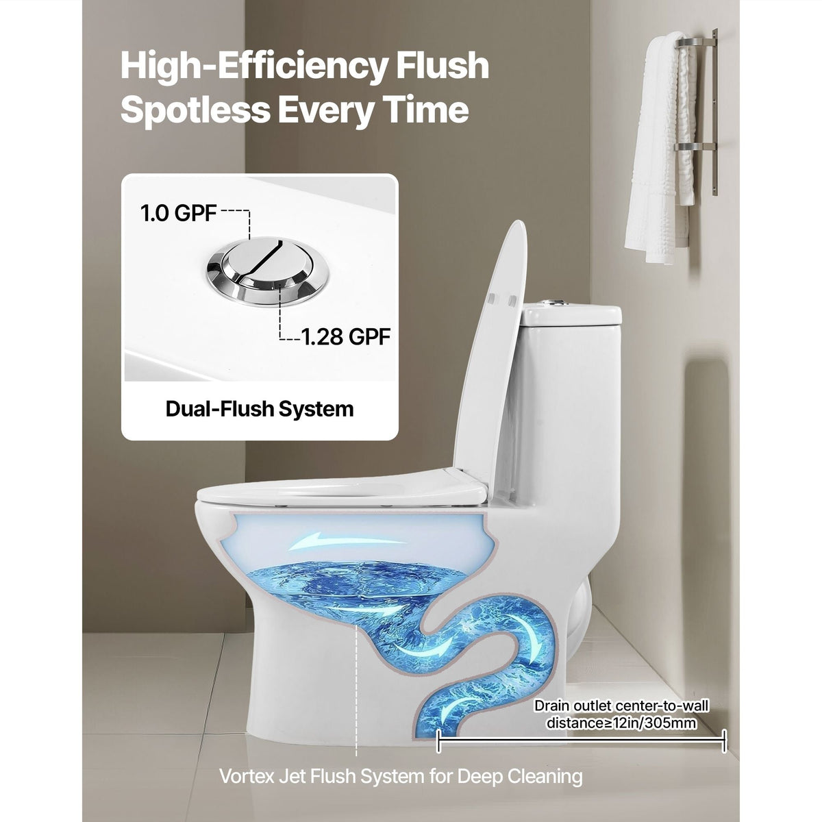 One-Piece Toilet, Elongated Toilet Vortex Dual-Flush 1.0/1.28 GPF, Toilets for Bathroom with Comfortable Chair Seat, Standard Height, 12 inch Rough-In, White + Silver, Easy-Clean Skirted Design
