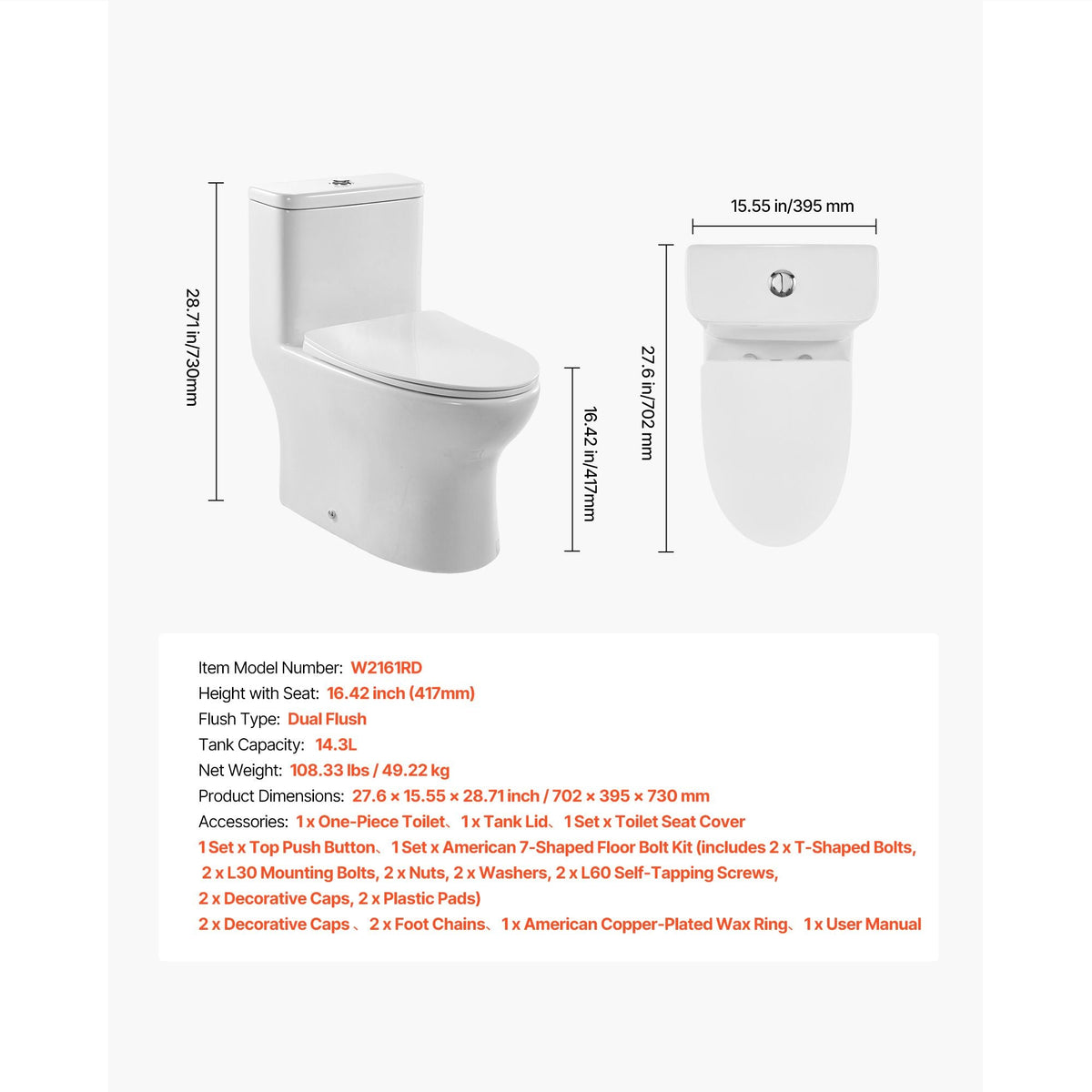 One-Piece Toilet, Elongated Toilet Vortex Dual-Flush 1.0/1.28 GPF, Toilets for Bathroom with Comfortable Chair Seat, Standard Height, 12 inch Rough-In, White + Silver, Easy-Clean Skirted Design
