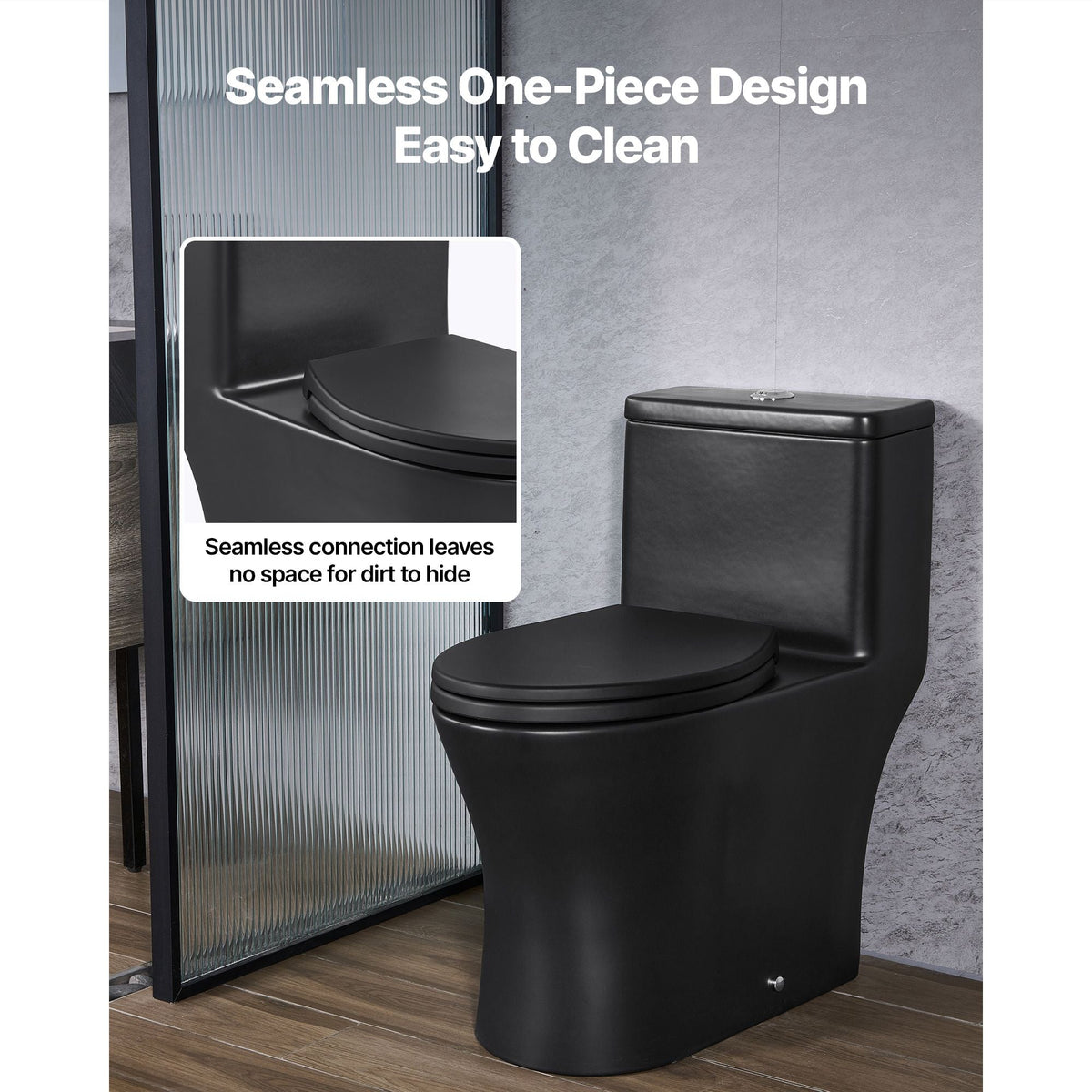 One-Piece Toilet, Elongated Toilet Vortex Dual-Flush 1.0/1.28 GPF, Toilets for Bathroom with Comfortable Chair Seat, Standard Height, Easy-Clean Skirted Design, 12 inch Rough-In, Black + Silver