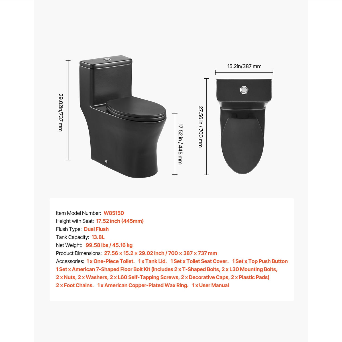 One-Piece Toilet, Elongated Toilet Vortex Dual-Flush 1.0/1.28 GPF, Toilets for Bathroom with Comfortable Chair Seat, Standard Height, Easy-Clean Skirted Design, 12 inch Rough-In, Black + Silver