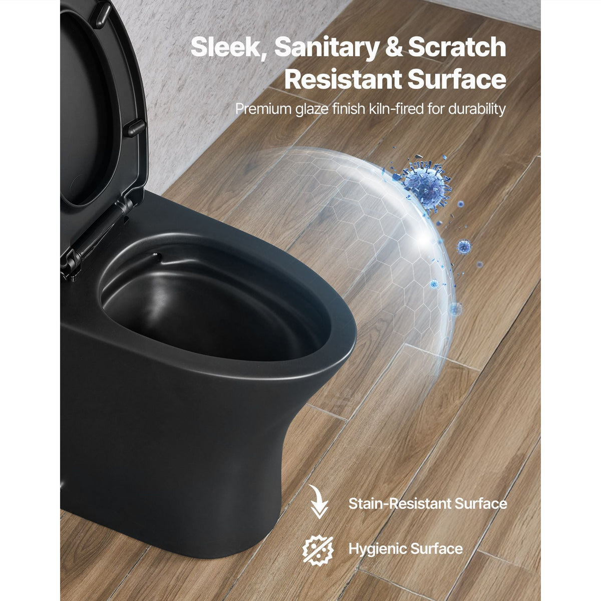 One-Piece Toilet, Elongated Toilet Vortex Dual-Flush 1.0/1.28 GPF, Toilets for Bathroom with Comfortable Chair Seat, Standard Height, Easy-Clean Skirted Design, 12 inch Rough-In, Black + Silver