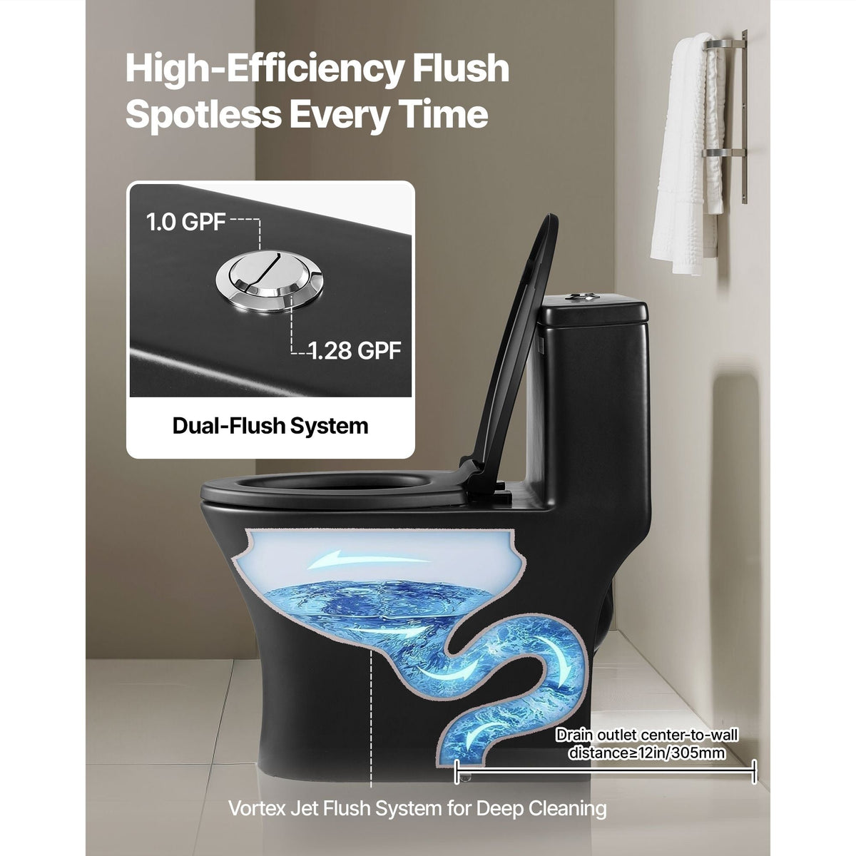 One-Piece Toilet, Elongated Toilet Vortex Dual-Flush 1.0/1.28 GPF, Toilets for Bathroom with Comfortable Chair Seat, Standard Height, Easy-Clean Skirted Design, 12 inch Rough-In, Black + Silver
