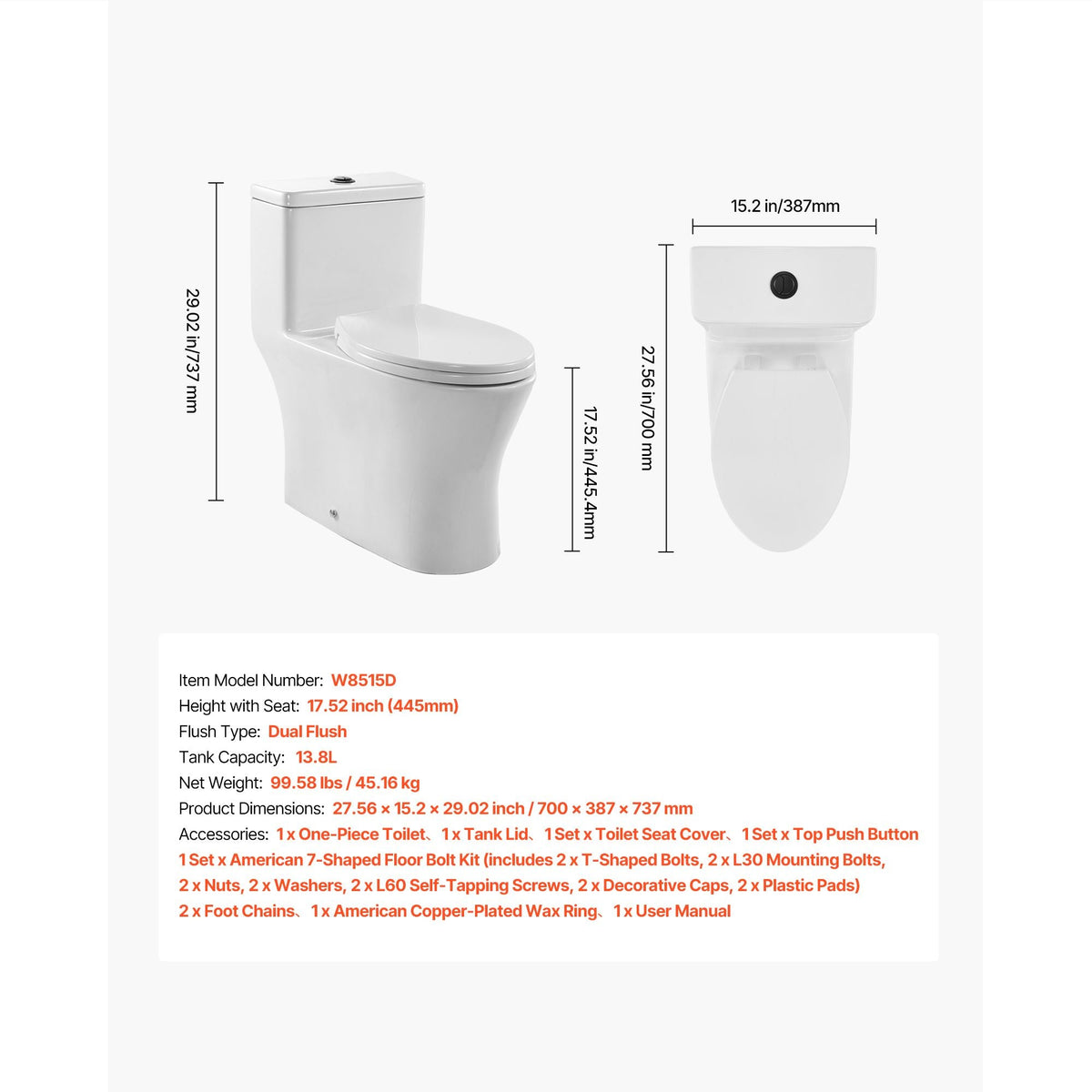 One-Piece Toilet, Elongated Toilet Vortex Dual-Flush 1.0/1.28 GPF, Toilets for Bathroom with Comfortable Chair Seat, Standard Height, Easy-Clean Skirted Design, 12 inch Rough-In, White + Black