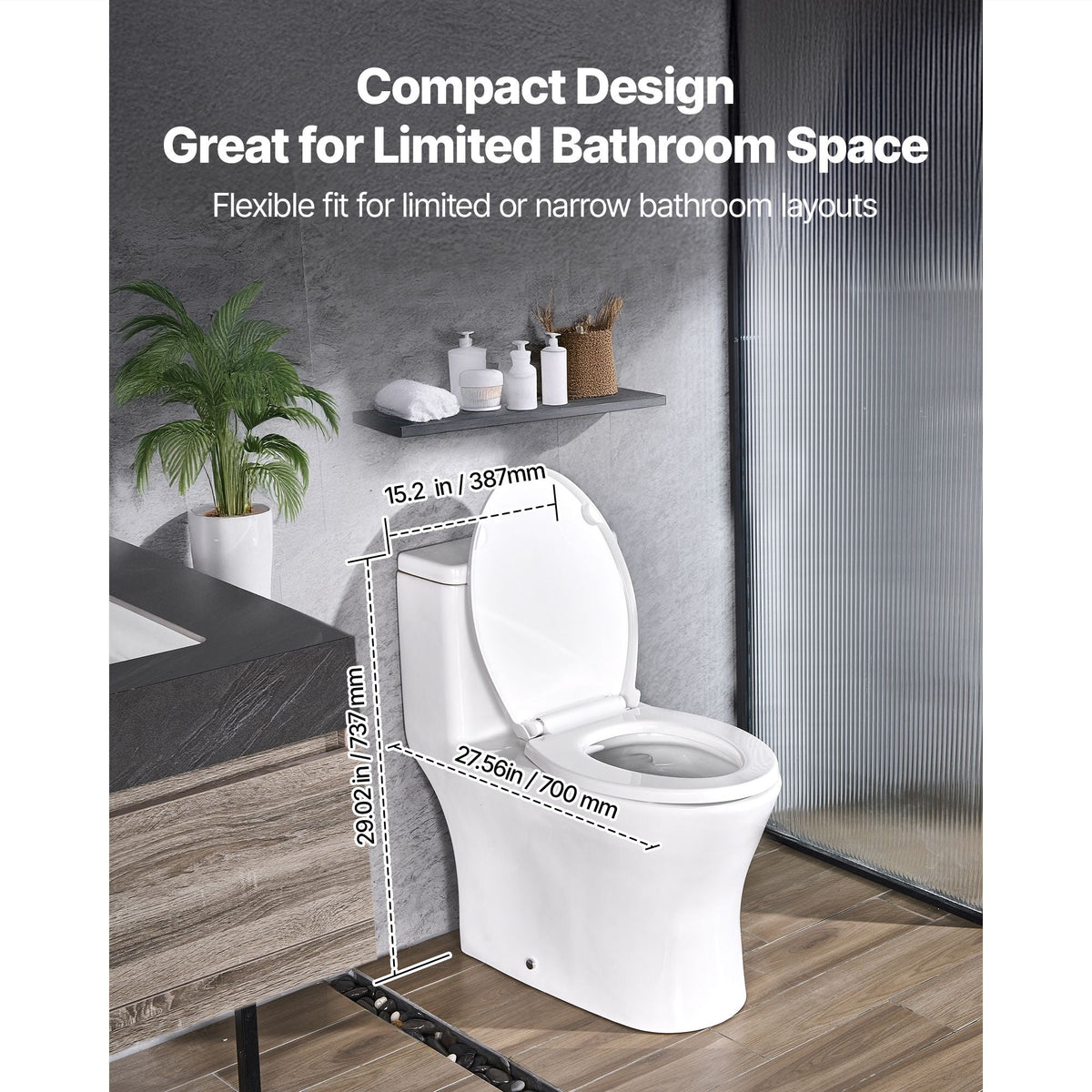 One-Piece Toilet, Elongated Toilet Vortex Dual-Flush 1.0/1.28 GPF, Toilets for Bathroom with Comfortable Chair Seat, Standard Height, Easy-Clean Skirted Design, 12 inch Rough-In, White + Black
