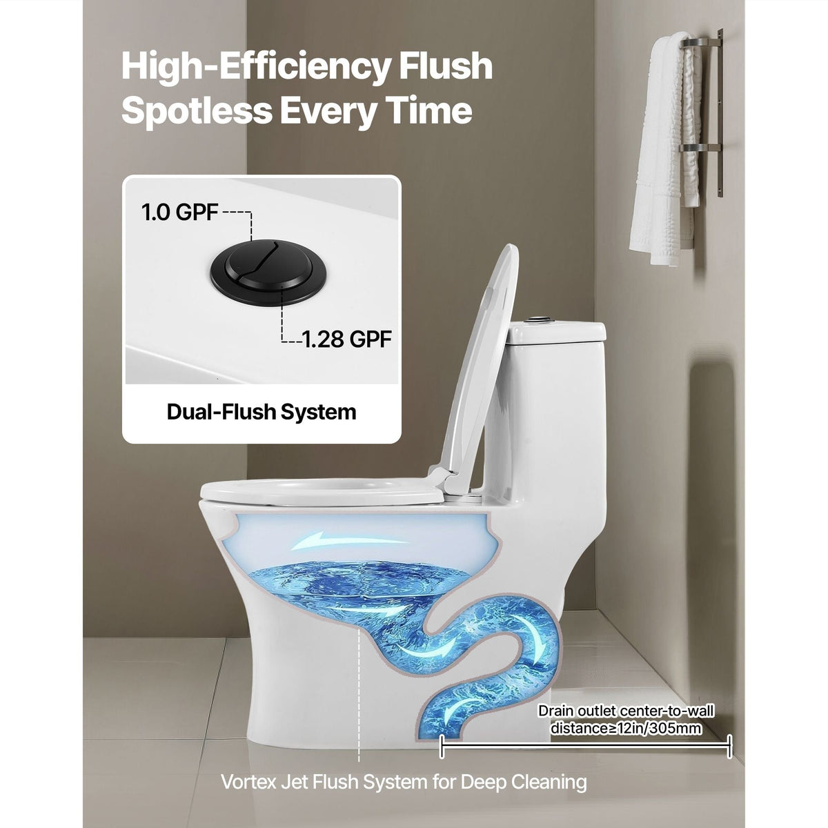 One-Piece Toilet, Elongated Toilet Vortex Dual-Flush 1.0/1.28 GPF, Toilets for Bathroom with Comfortable Chair Seat, Standard Height, Easy-Clean Skirted Design, 12 inch Rough-In, White + Black