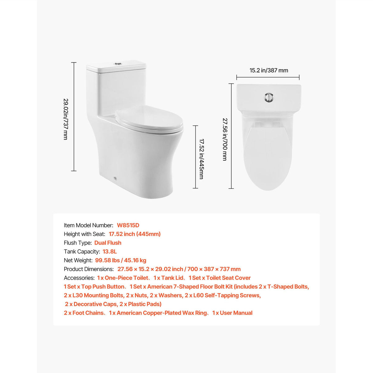 One-Piece Toilet, Elongated Toilet Vortex Dual-Flush 1.0/1.28 GPF, Toilets for Bathroom with Comfortable Chair Seat, Standard Height, Easy-Clean Skirted Design, 12 inch Rough-In, White + Silver