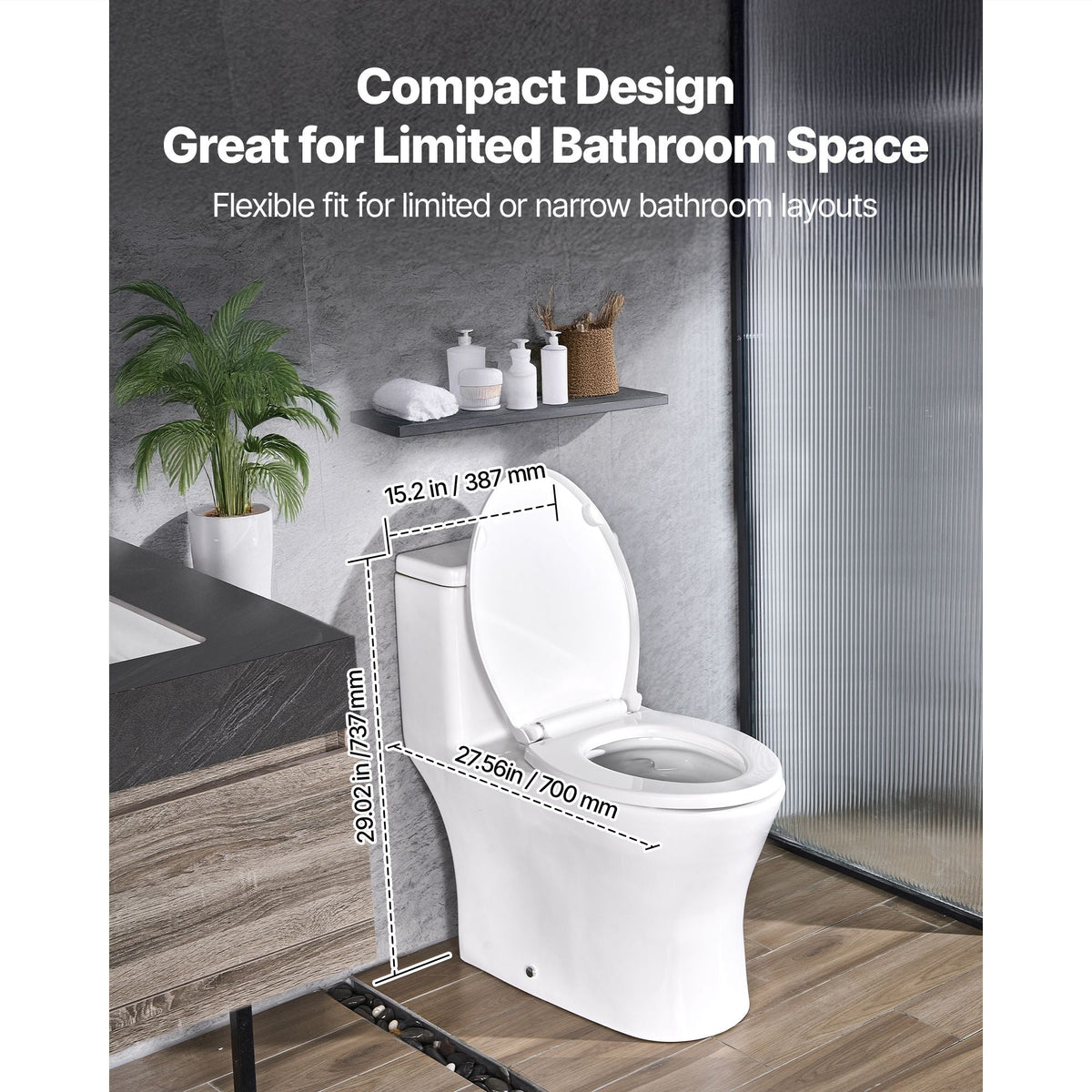 One-Piece Toilet, Elongated Toilet Vortex Dual-Flush 1.0/1.28 GPF, Toilets for Bathroom with Comfortable Chair Seat, Standard Height, Easy-Clean Skirted Design, 12 inch Rough-In, White + Silver