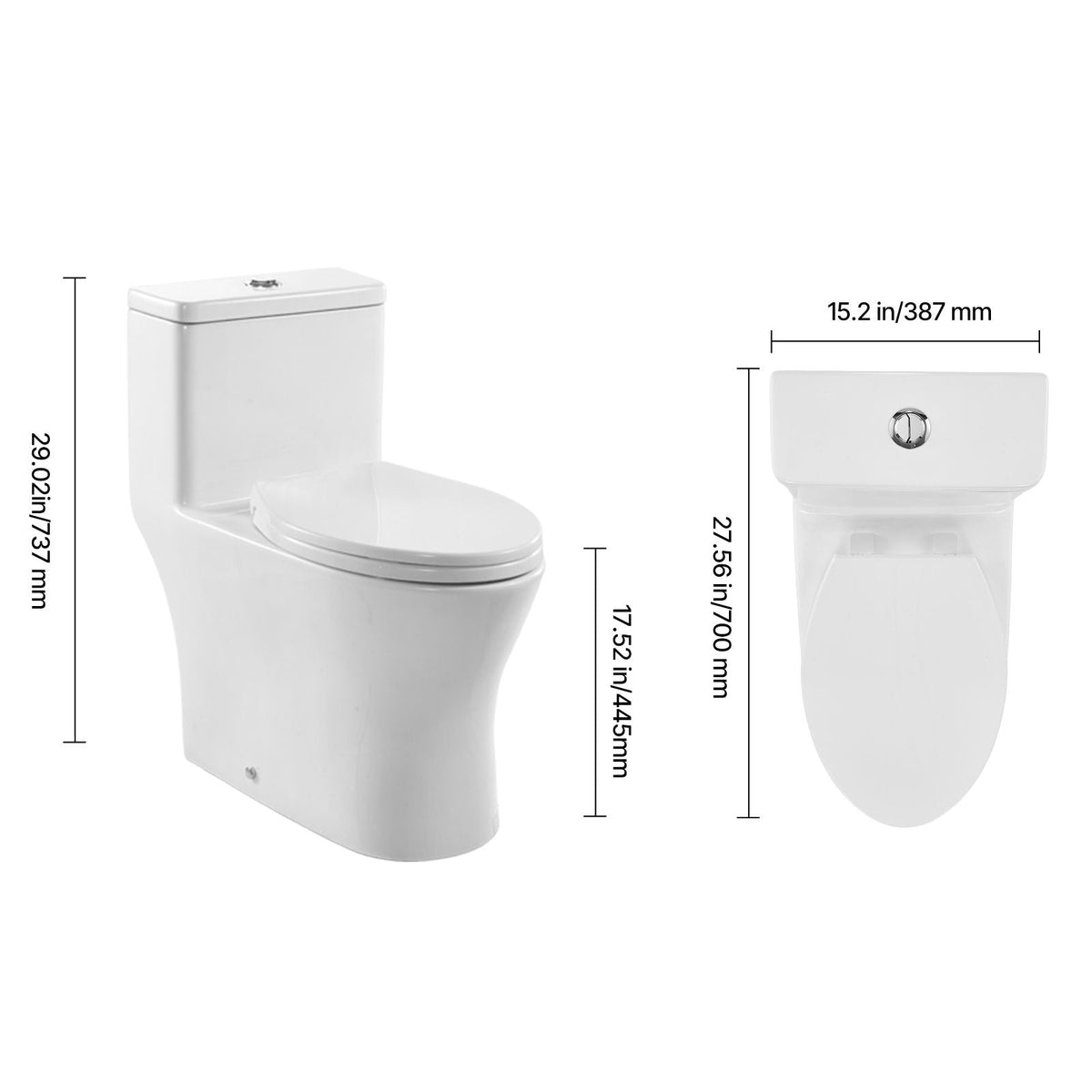 One-Piece Toilet, Elongated Toilet Vortex Dual-Flush 1.0/1.28 GPF, Toilets for Bathroom with Comfortable Chair Seat, Standard Height, Easy-Clean Skirted Design, 12 inch Rough-In, White + Silver