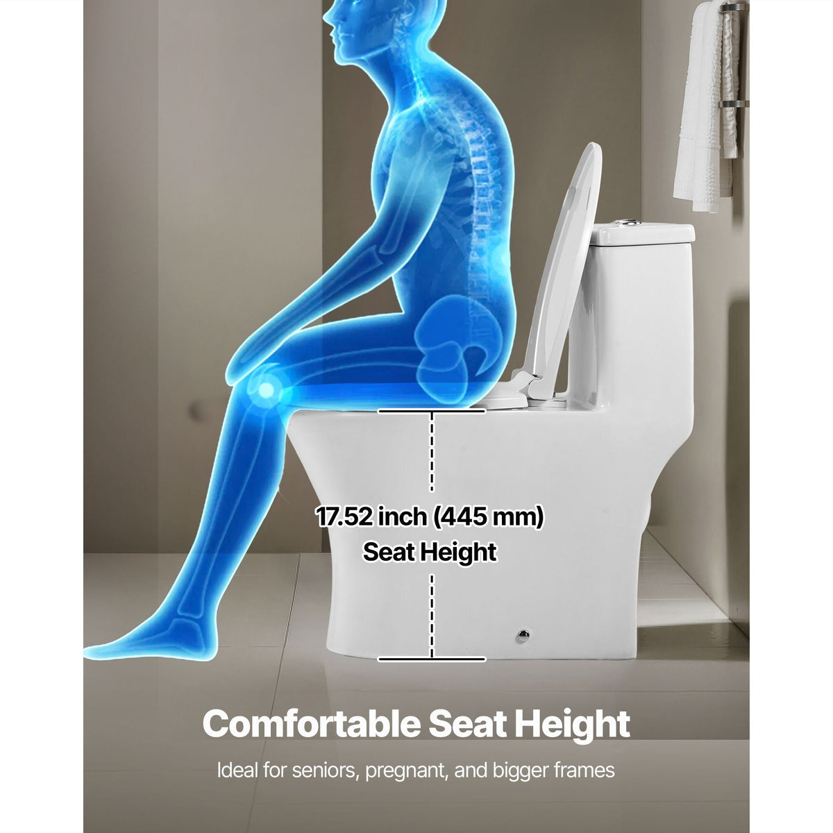 One-Piece Toilet, Elongated Toilet Vortex Dual-Flush 1.0/1.28 GPF, Toilets for Bathroom with Comfortable Chair Seat, Standard Height, Easy-Clean Skirted Design, 12 inch Rough-In, White + Silver