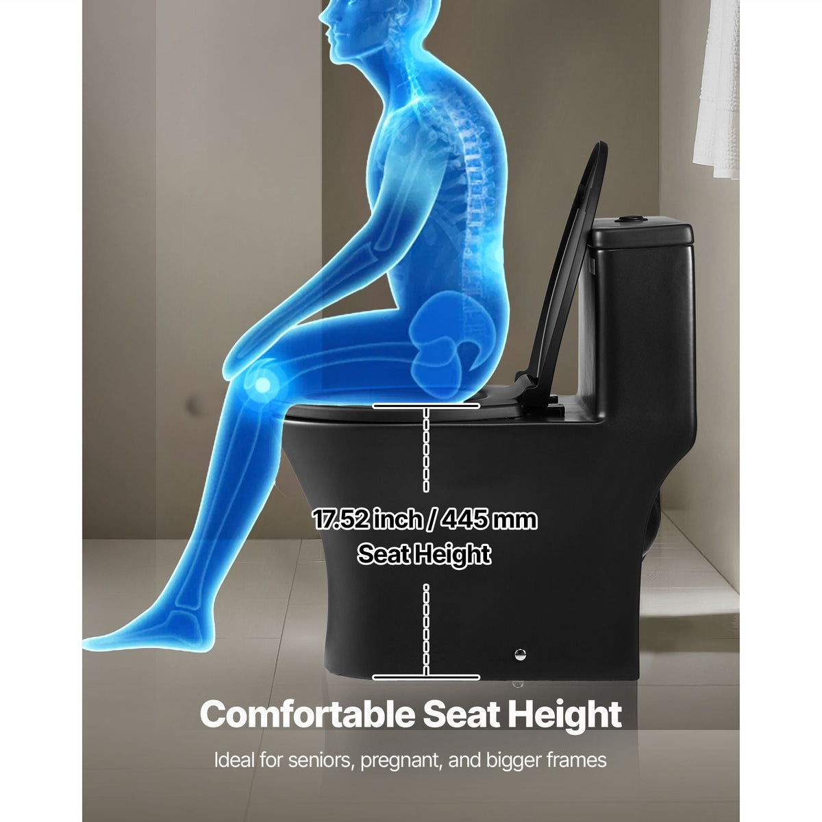 One-Piece Toilet, Elongated Toilet Vortex Dual-Flush 1.0/1.28 GPF, Toilets for Bathroom with Comfortable Chair Seat, Standard Height, Easy-Clean Skirted Design, 12″ Rough-In, Matte Black+ Black