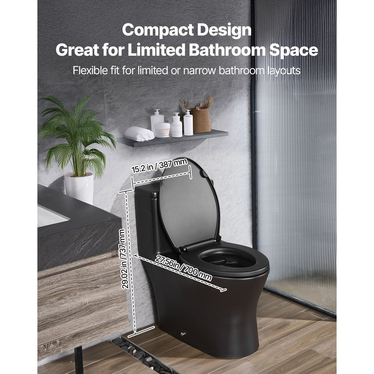 One-Piece Toilet, Elongated Toilet Vortex Dual-Flush 1.0/1.28 GPF, Toilets for Bathroom with Comfortable Chair Seat, Standard Height, Easy-Clean Skirted Design, 12″ Rough-In, Matte Black+ Black