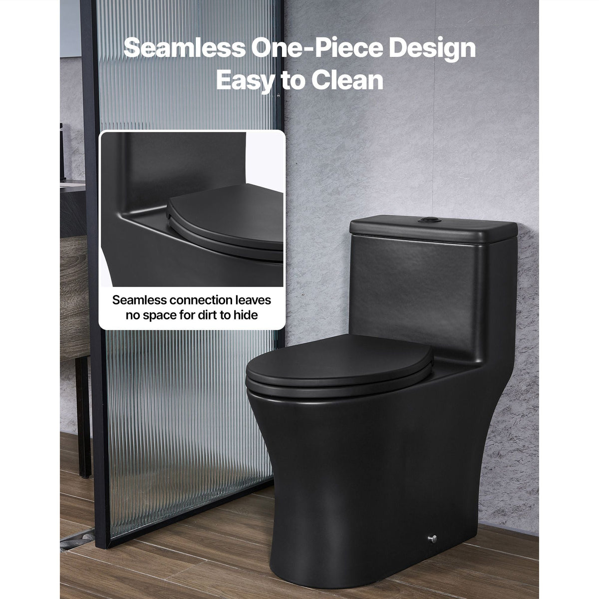 One-Piece Toilet, Elongated Toilet Vortex Dual-Flush 1.0/1.28 GPF, Toilets for Bathroom with Comfortable Chair Seat, Standard Height, Easy-Clean Skirted Design, 12″ Rough-In, Matte Black+ Black