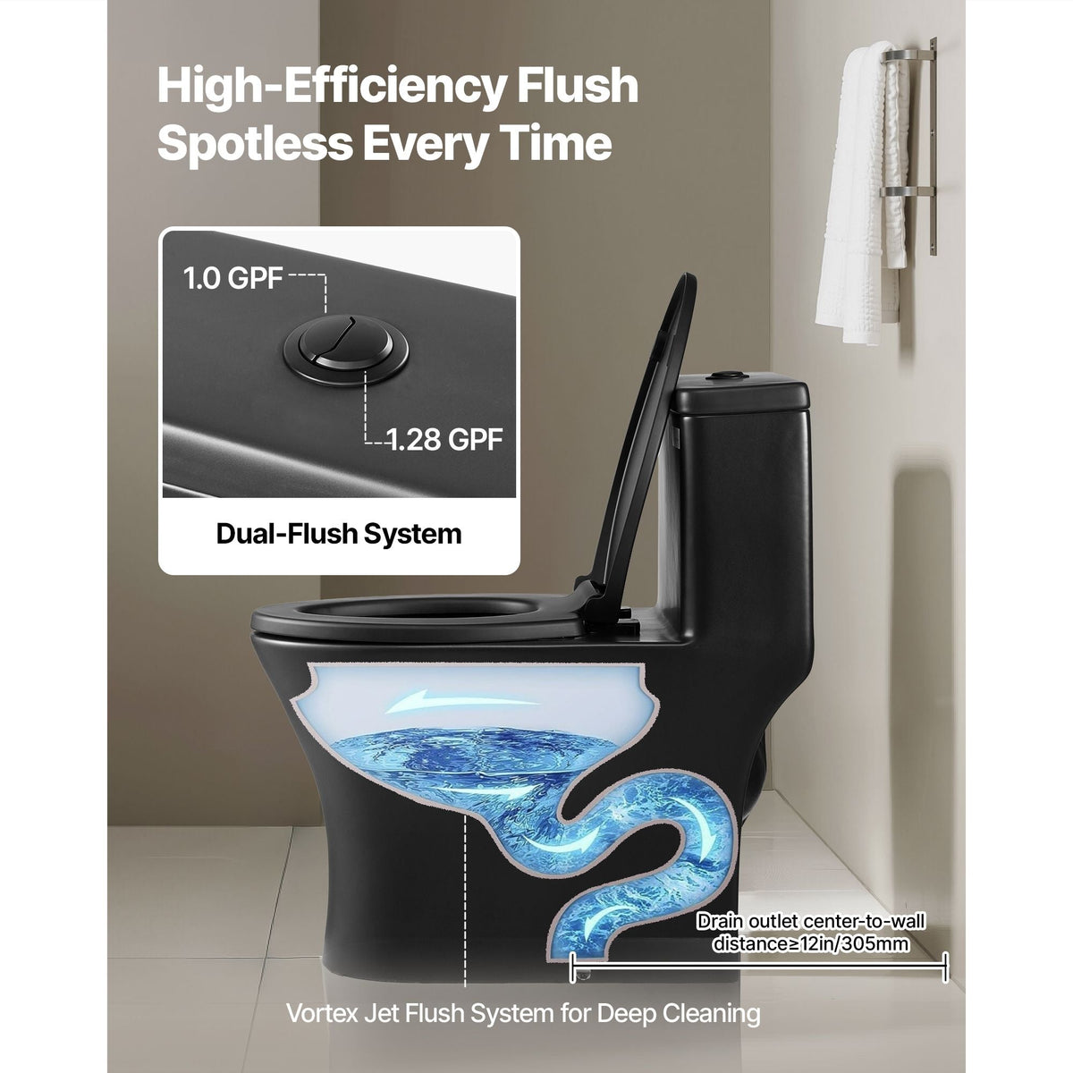 One-Piece Toilet, Elongated Toilet Vortex Dual-Flush 1.0/1.28 GPF, Toilets for Bathroom with Comfortable Chair Seat, Standard Height, Easy-Clean Skirted Design, 12″ Rough-In, Matte Black+ Black