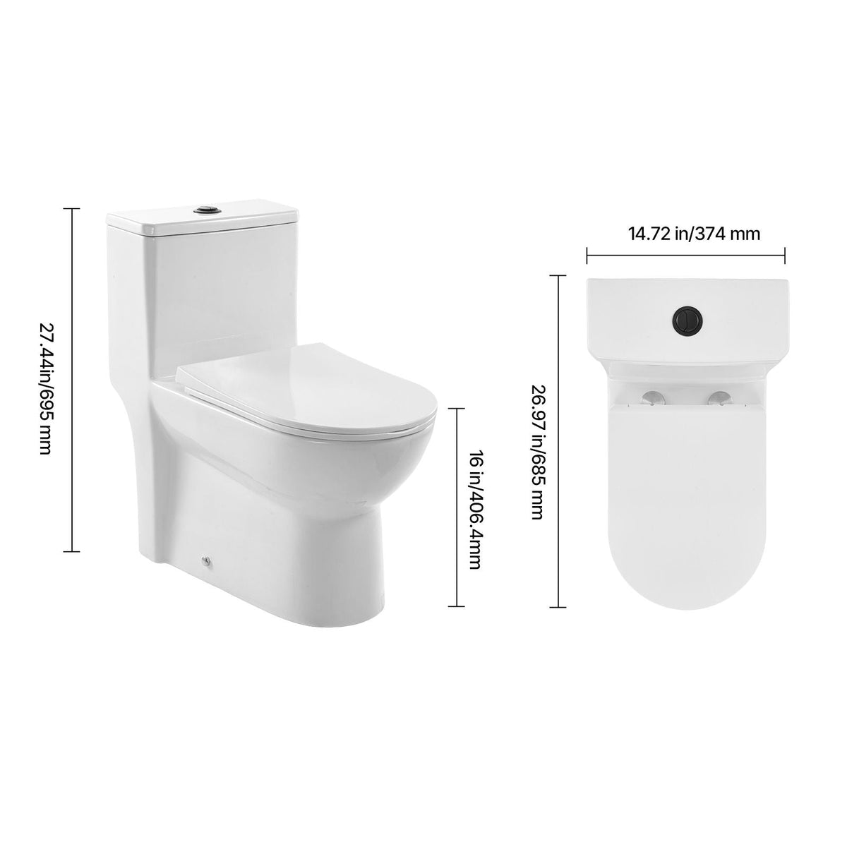 One-Piece Toilet, Elongated Toilet Vortex Dual-Flush 1.1/1.6 GPF, Toilets for Bathroom with Comfortable Chair Seat, 12 inch Rough-In, Black + White, Easy-Clean Skirted Design, Standard Height