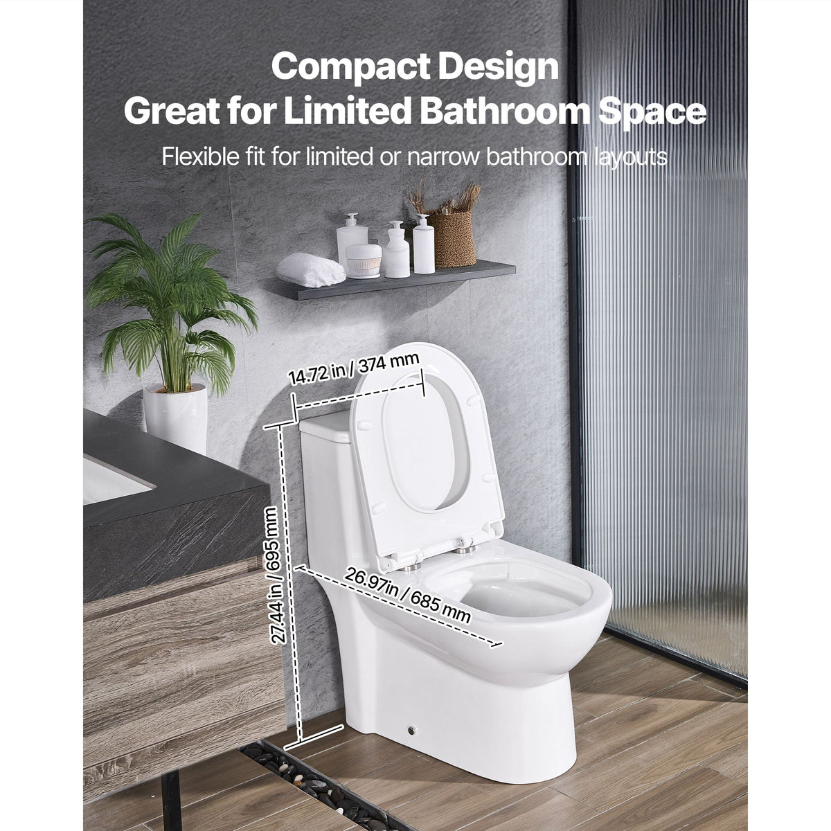 One-Piece Toilet, Elongated Toilet Vortex Dual-Flush 1.1/1.6 GPF, Toilets for Bathroom with Comfortable Chair Seat, 12 inch Rough-In, Black + White, Easy-Clean Skirted Design, Standard Height